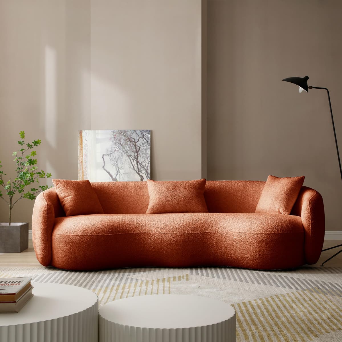 ERYE Sofá Curvo Bouclé de 4 Asientos, Comfy Teddy Fleece, Cojines Incluidos, Diseño Moderno 4 Seats Teddy Fleece Freestanding Sofa