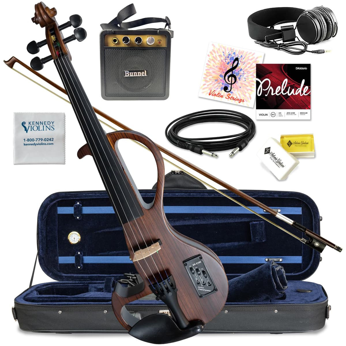 Kennedy Violins Bunnel EDGE Violín Eléctrico 4/4 Full Size Outfit Clearance con estuche y accesorios (Dark Zebrano)