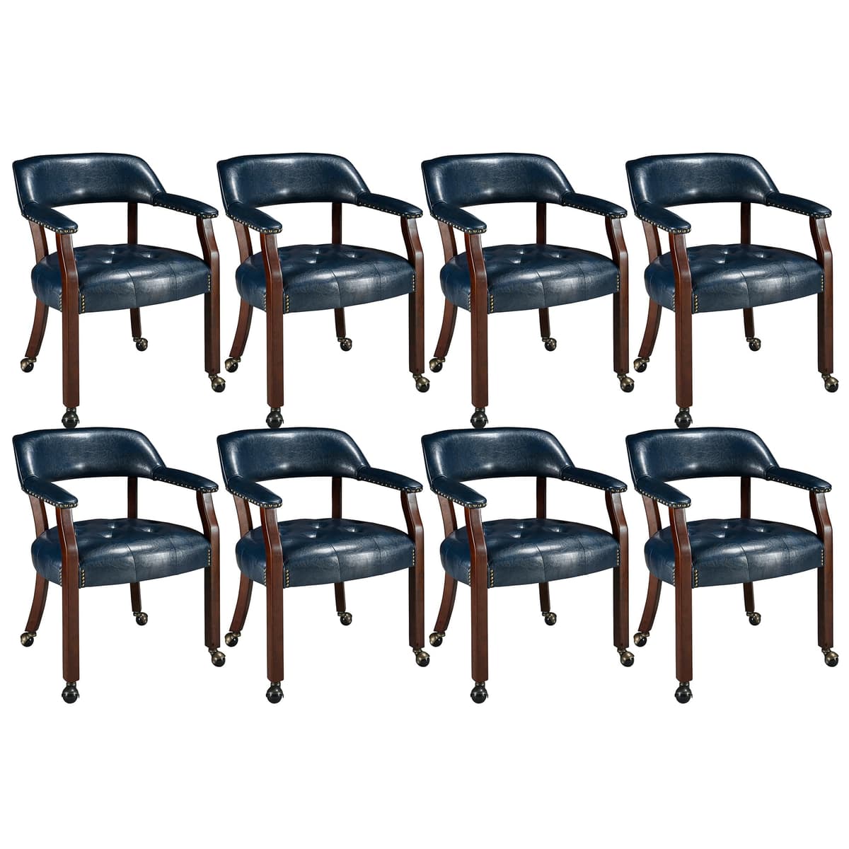 LEEMTORIG Set de 8 sillas de comedor con ruedas y brazos, asiento acolchado azul, patas cherry LEESY-1533-LB08