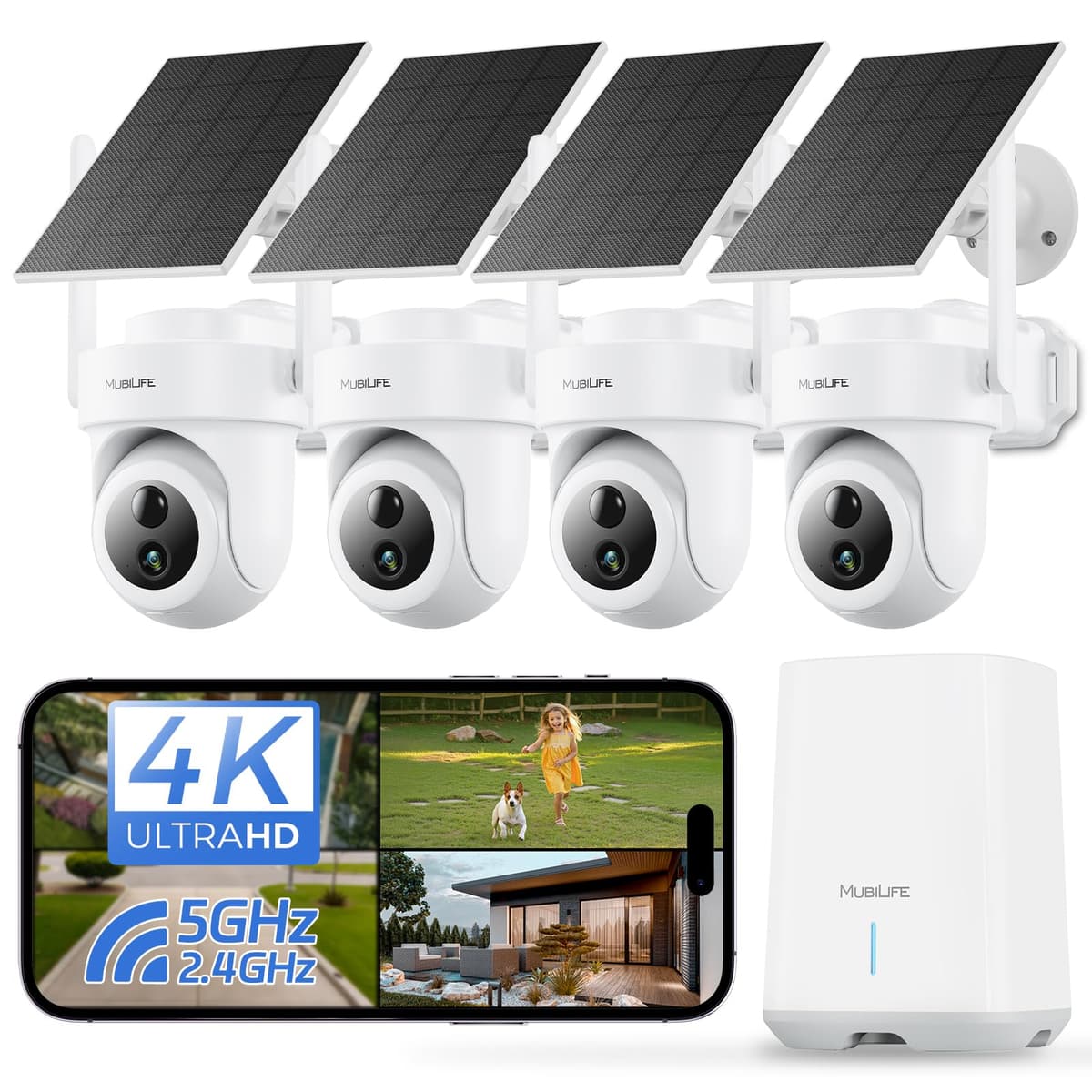 Cámaras de Seguridad Inalámbricas MUBILIFE 4K para Exteriores, Sin Suscripción, Cámaras Solares 8MP para Seguridad del Hogar, Almacenamiento Local 64GB, Seguimiento Automático AI, Visión Nocturna a Color, WiFi 2.4 y 5GHz, Kit de 4 Cámaras M802