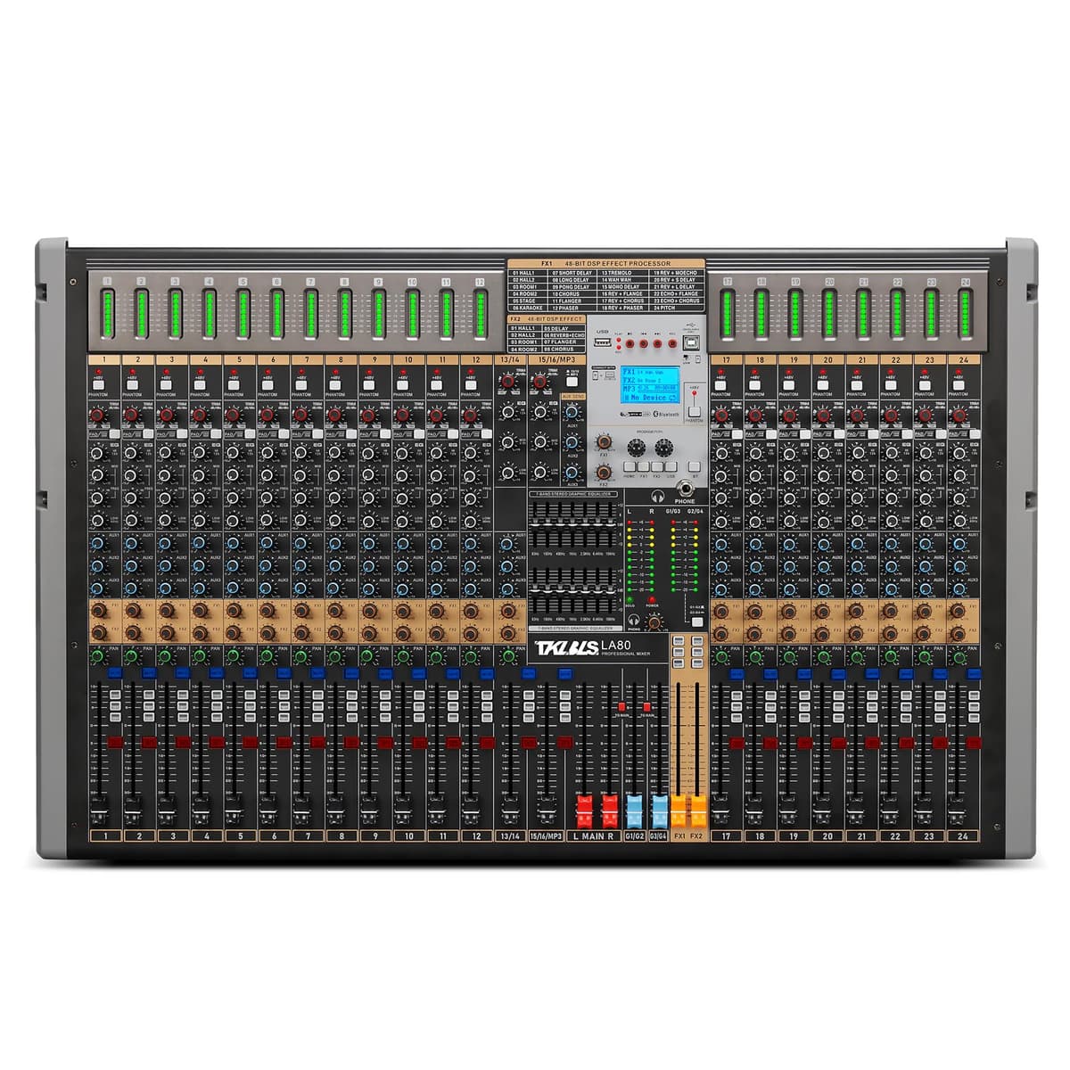 TKLBLS Mixer de Audio Profesional 24 Canales LA80, 20 Mic/4 Estéreo, Doble DSP Reverb, 7-Bandas EQ, Phantom 48V