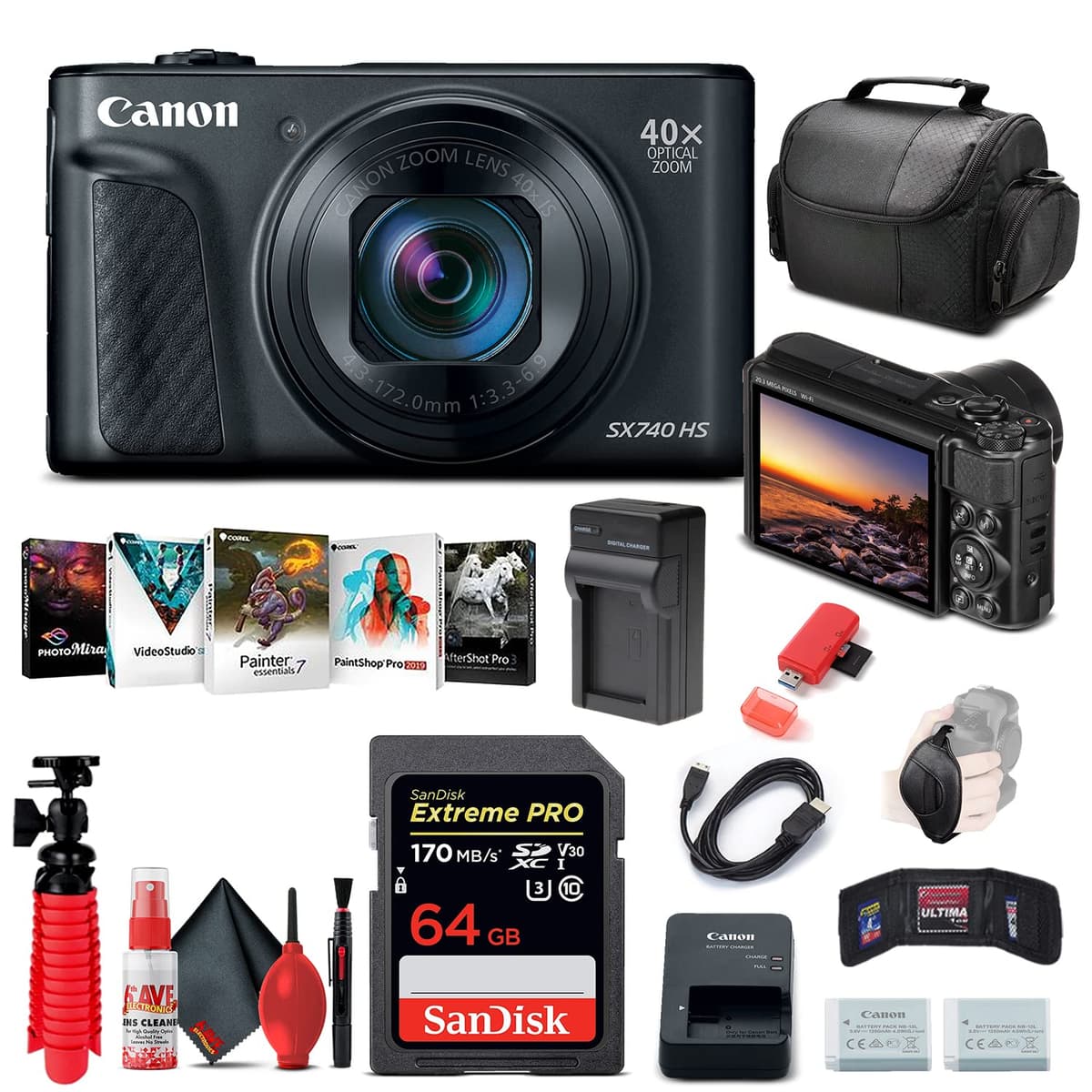 Cámara digital Canon PowerShot SX740 HS (Negra) (2955C001) + Tarjeta de memoria 64GB + Batería NB-13L + Software Corel Photo + Cargador + Lector de tarjetas + Funda blanda + Trípode flexible + Más (Reacondicionado) 2955C001_EDIV_2-RE