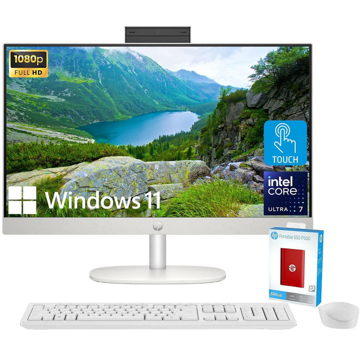 HP 27" All-in-One - Touch FHD IPS, Intel Core Ultra 7-155U, 64GB DDR5, 4TB SSD, Wi-Fi 6, Windows 11 + 500GB P500