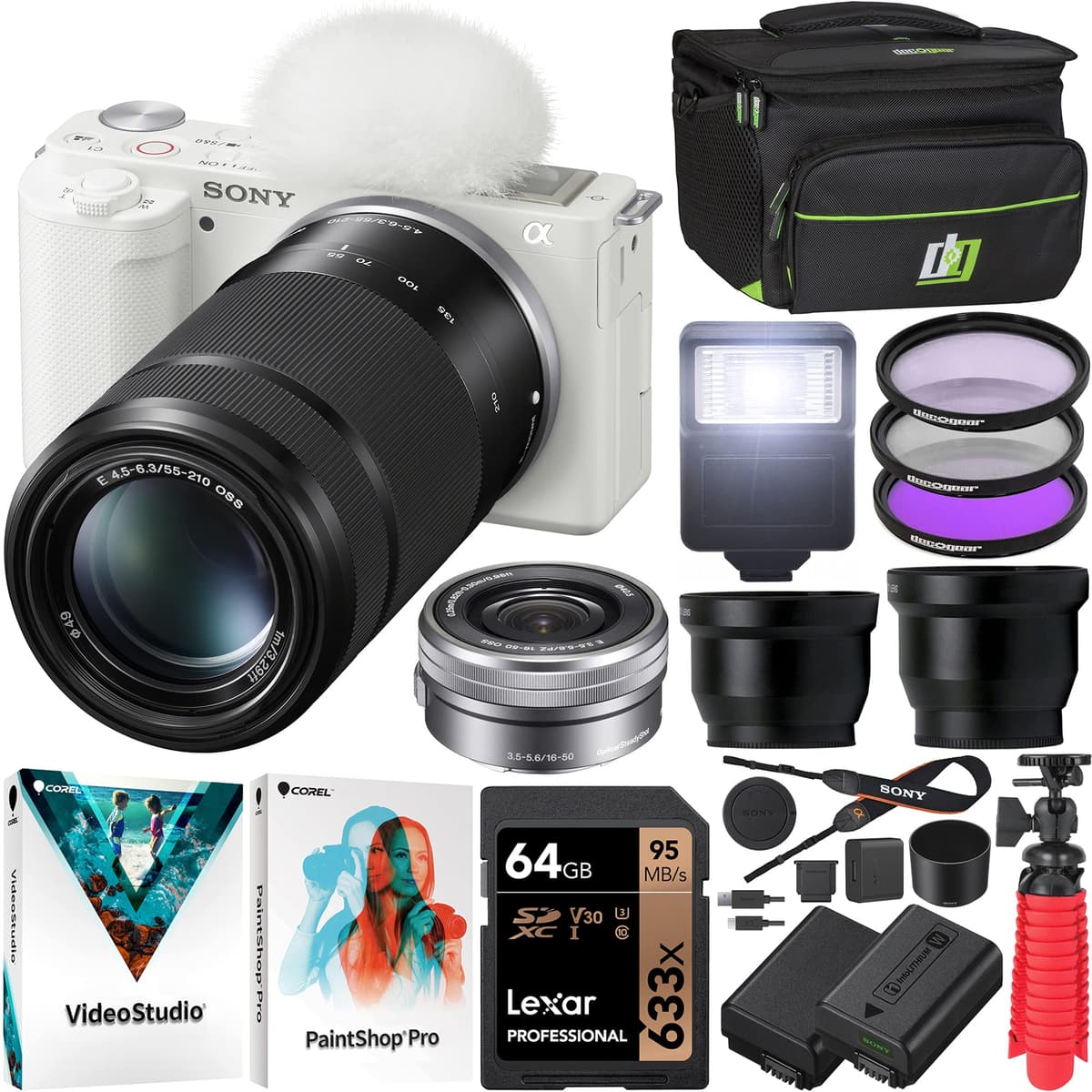Sony ZV-E10 2 Lentes Kit (16-50 + 55-210) Blanco con accesorios E4SNILCZVE10B