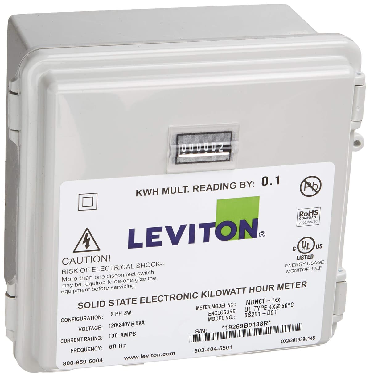 Leviton Mini Meter exterior 120/208/240V 2P3W 100A con 2 CTs de núcleo sólido, MO240-1SW