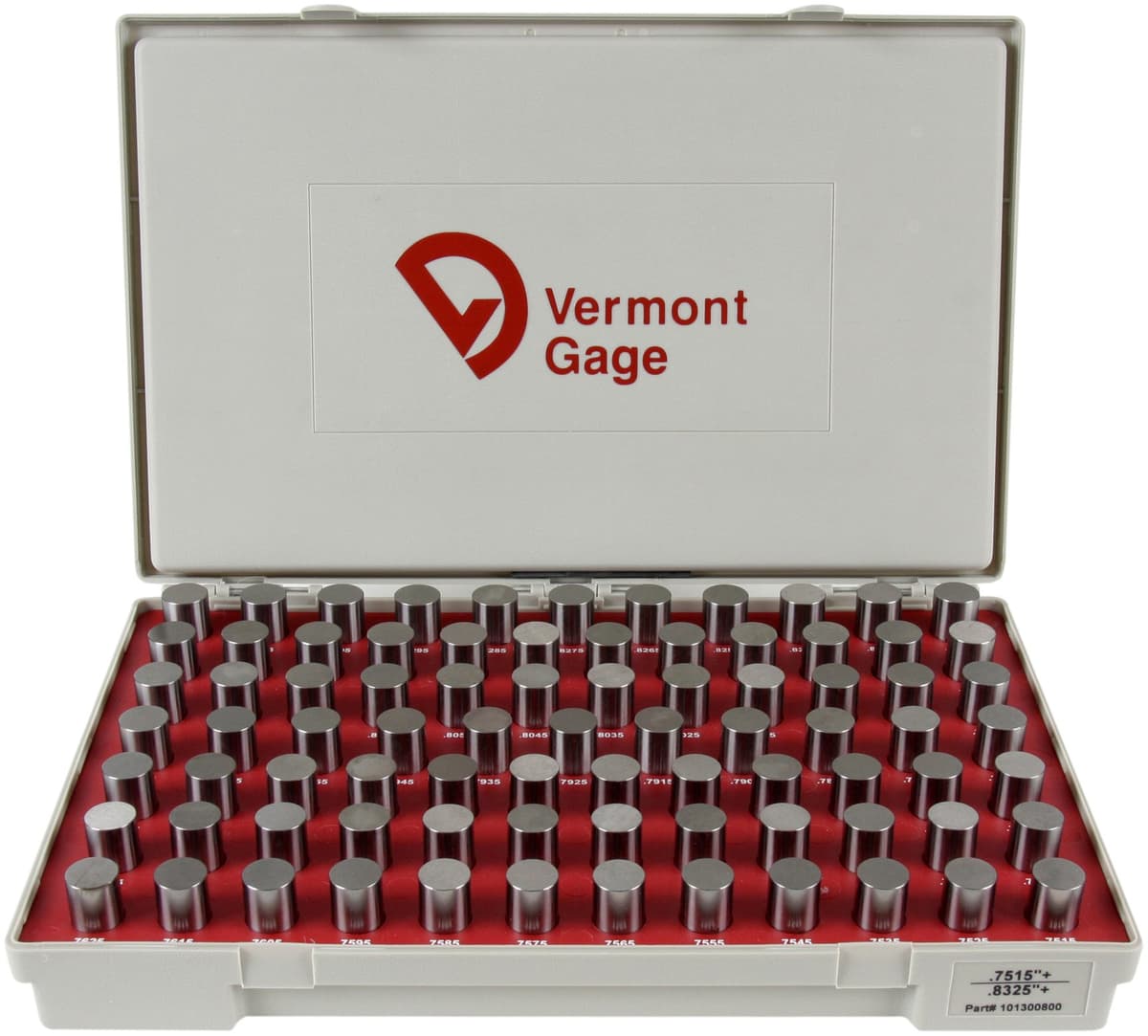 Juego de calibradores tipo pin Vermont Gage, clase de tolerancia ZZ, diámetro 0.7515 - 0.8325" (82 piezas) 101300800