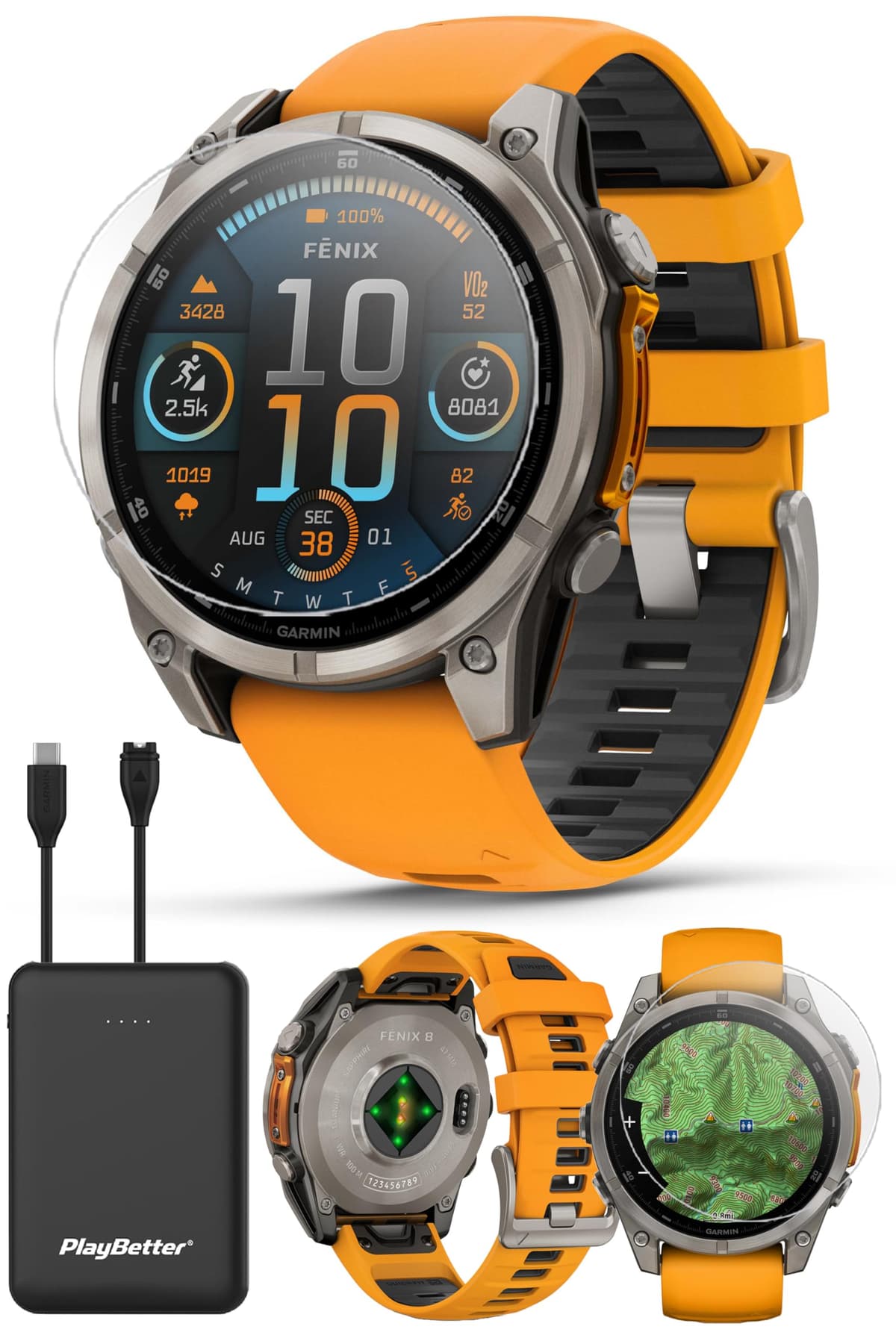 PlayBetter Garmin Fenix 8 AMOLED Sapphire 47mm (Titanium/Spark Orange) Bundle con cargador portátil 010-02904-10 (Watch) | Z05 (Charger)
