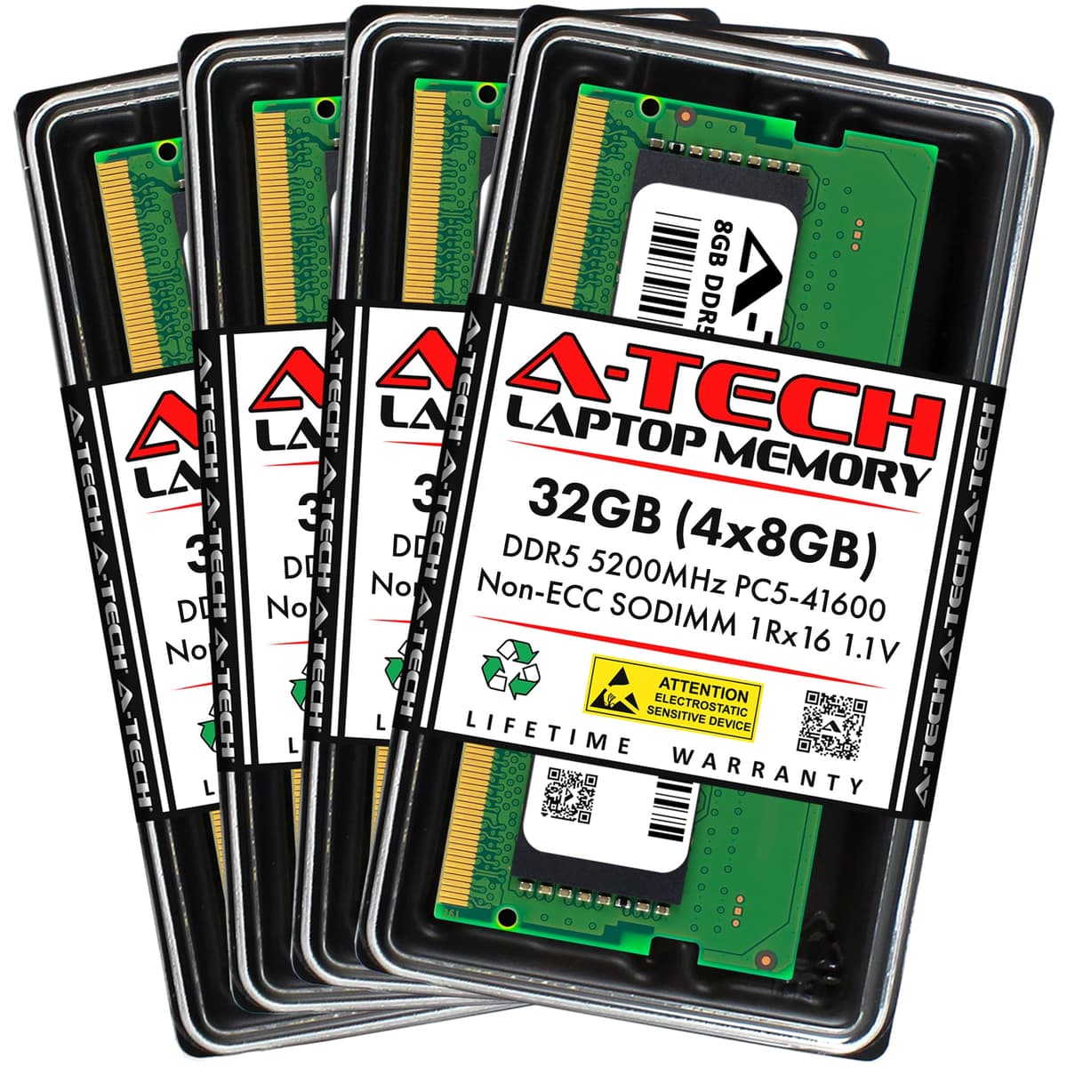 Kit A-Tech 32GB (4x8GB) DDR5 5200MHz PC5-41600 CL42 SODIMM 1Rx16 Single Rank 1.1V No ECC Unbuffered SO-DIMM 262 pines Memoria RAM para Laptop (módulos de actualización) AT8G4D5S5200NS16N11V