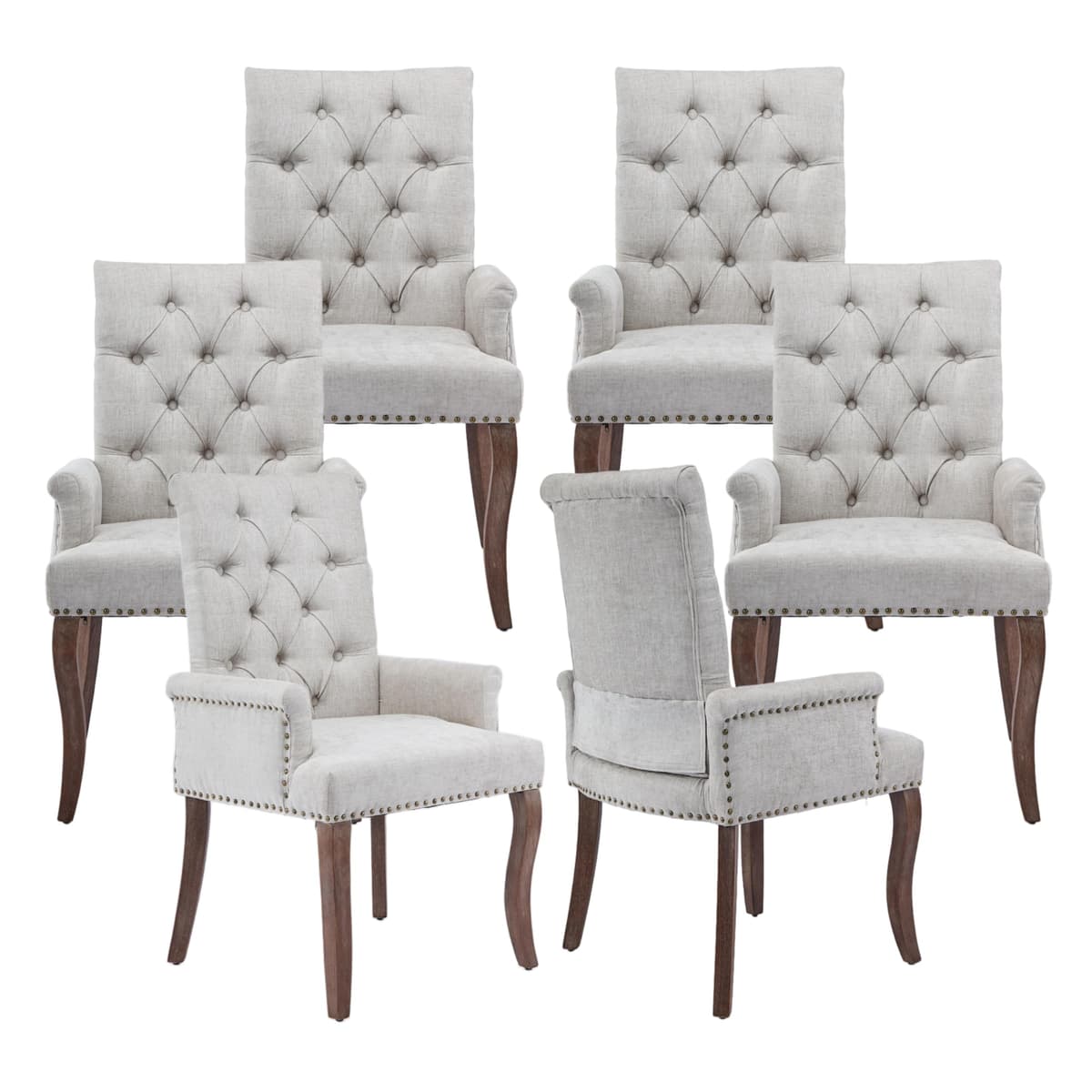 KIUMU Sillas tapizadas tufted de chenille con brazos y tachuelas - Juego de 6, Beige W1143P346927