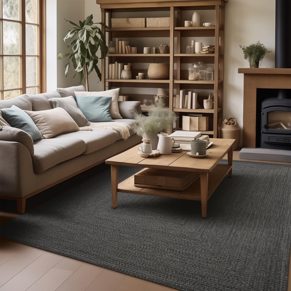 Homespice Black Braided Area Rug 5x8' - Reversible, Pet Friendly, para Interior y Exterior 314574