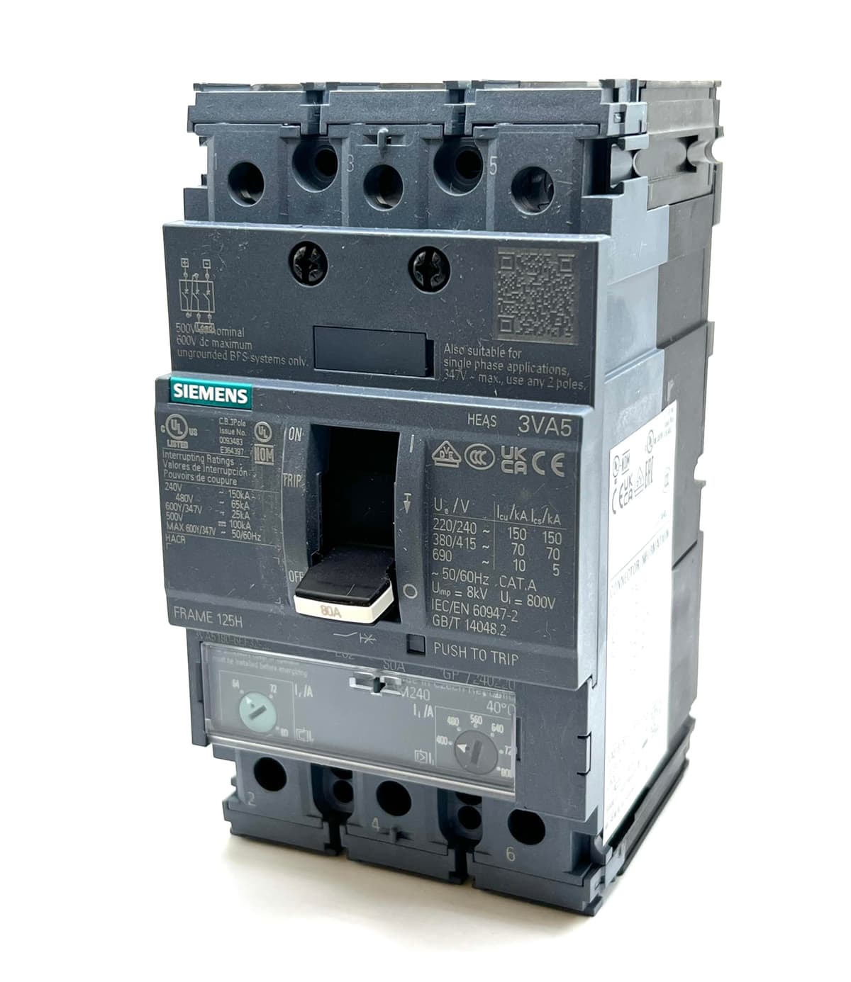 Siemens 3VA5180-6EF32-0AA0 3 polos 80A 600V feed-thru DIN rail