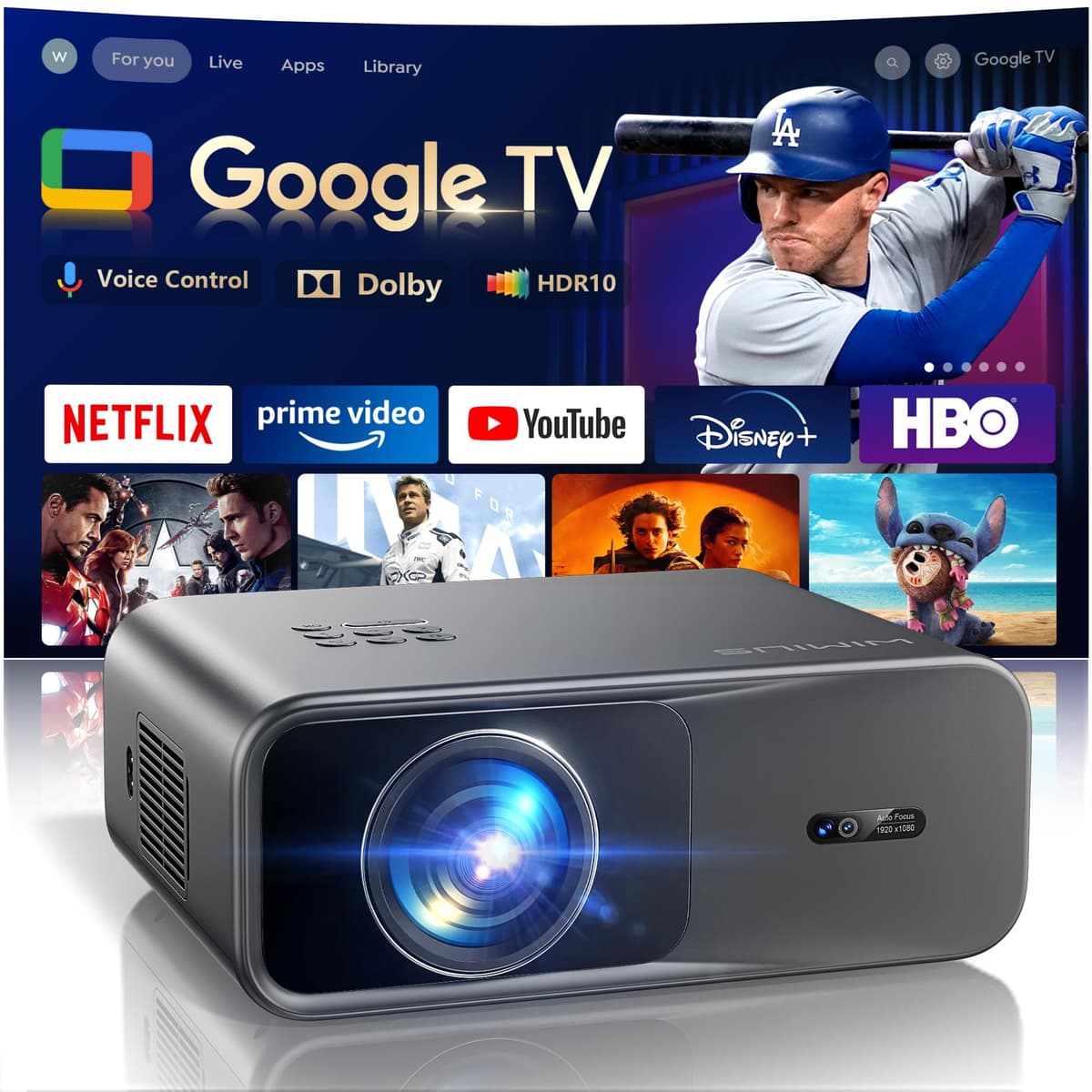 [Google TV oficial] Proyector inteligente 4K compatible con WiFi y Bluetooth, con licencia de Netflix, proyector de cine al aire libre con audio Dolby, autoenfoque, proyector de home theater WIMIUS G1 (gris, estándar)