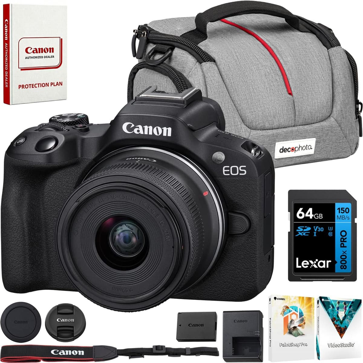Canon EOS R50 con RF-S 18-45mm IS STM Bundle completo y accesorios E8CNEOSR501845STM