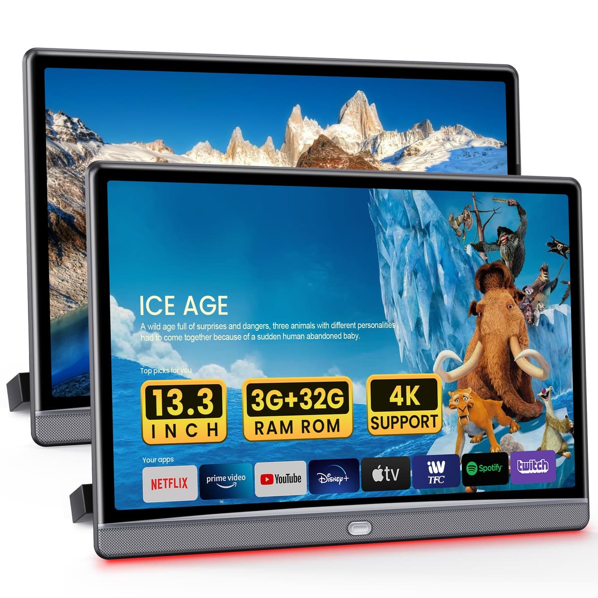 WONNIE TV para Auto de 13.3 pulgadas con Android y WiFi 5G - Reproductor de Video 4K para Cabecera trasera, Monitor Portátil compatible con Enlace de Teléfono, Bluetooth, FM, HDMI, USB, AirPlay (3 GB RAM 32 GB ROM) 3G RAM+32G ROM (2*Monitor)