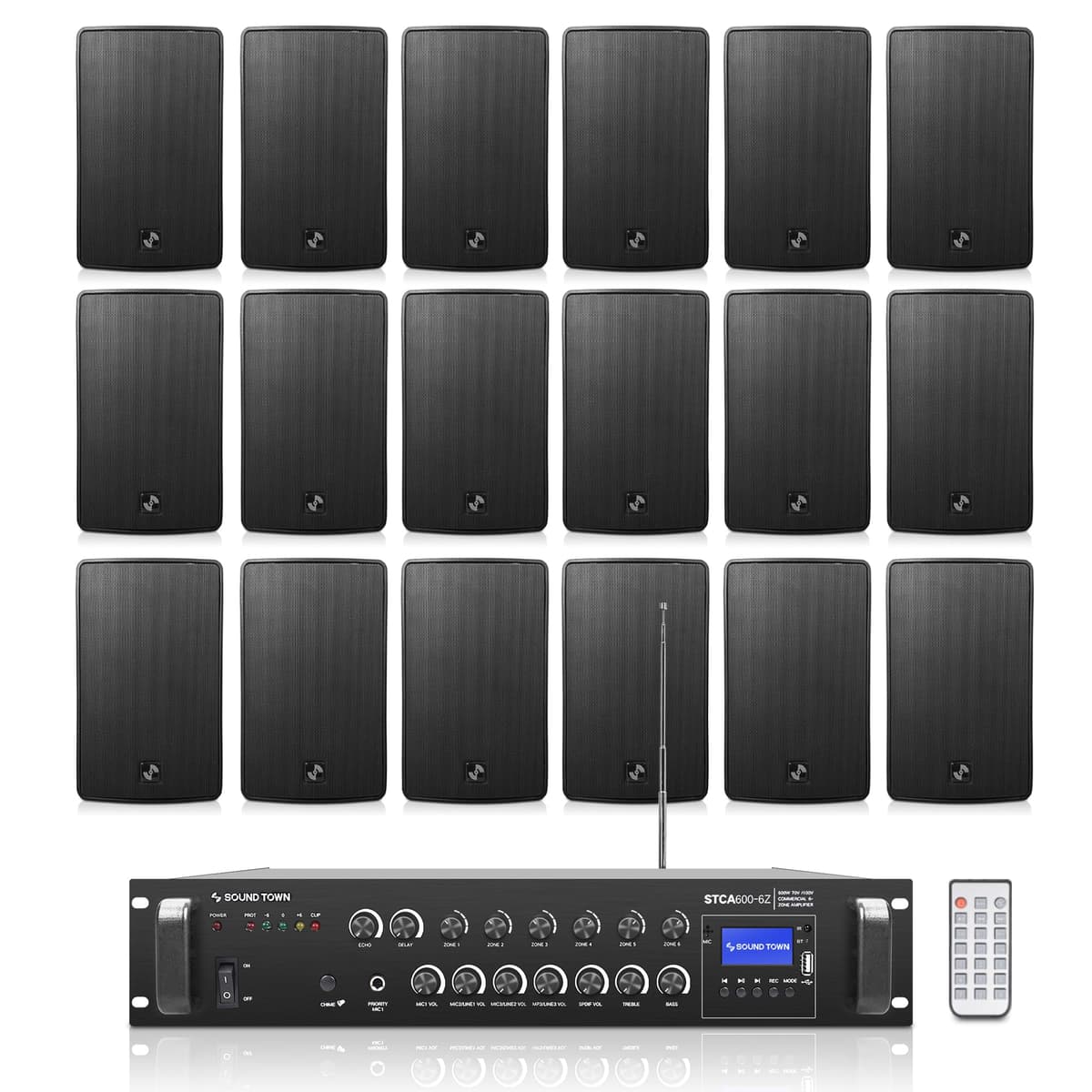 Sound Town STCA600X18TV6B - Amplificador 6 Zonas 600W Bluetooth + 18x Parlantes de Montaje en Superficie 6.5", Negro