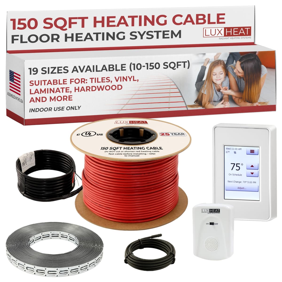 LuxHeat Kit de Cable Calefactor para Piso 150 sqft - Sistema de Calefacción Eléctrica 120V con Termostato Programable UDG4 y Accesorios