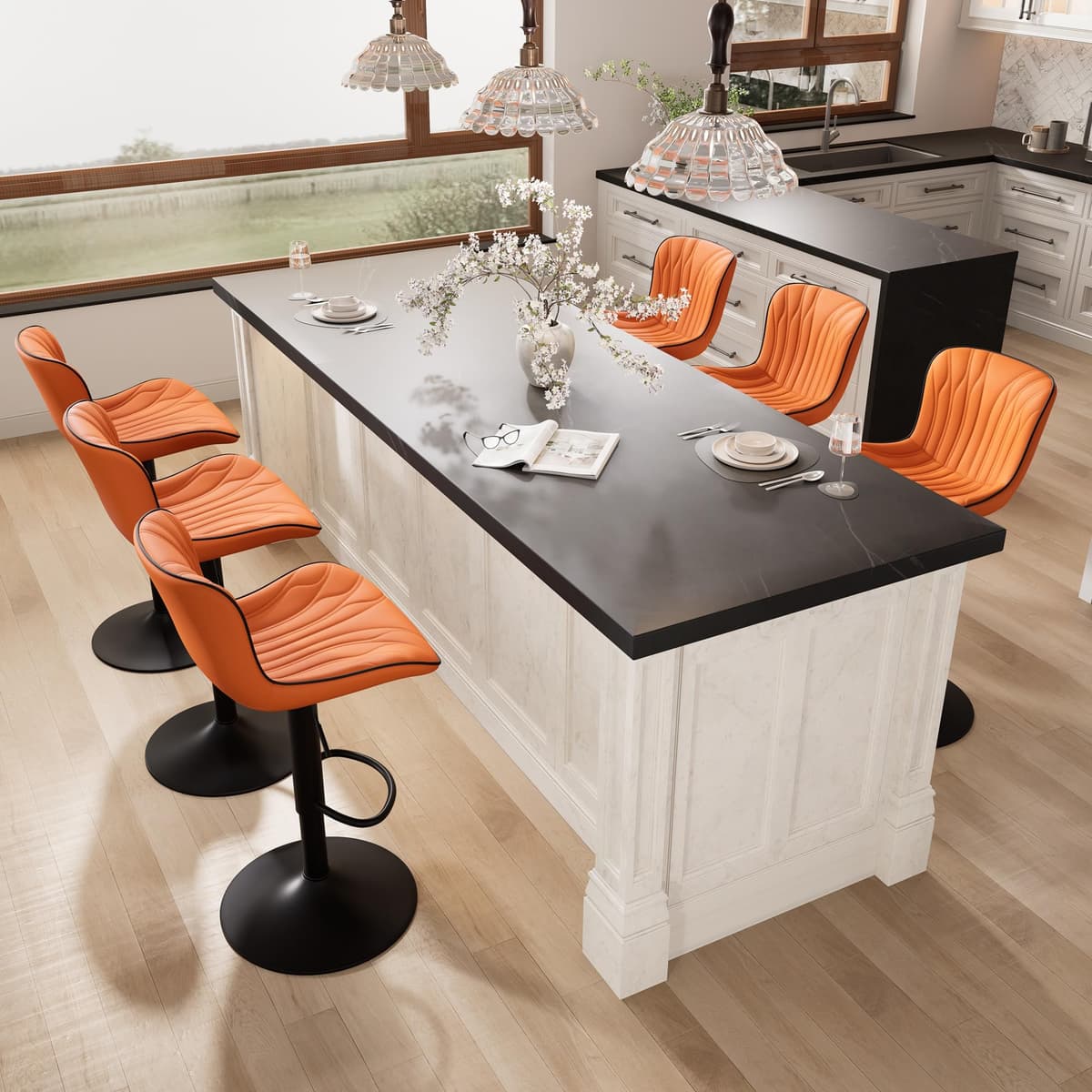 YOUNIKE Set de 6 taburetes de bar naranjas giratorios, altura ajustable, respaldo y asiento acolchado de piel sintética