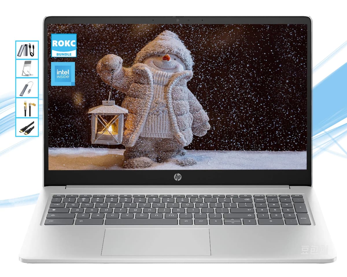 HP Chromebook con Gemini-AI Chrome OS | Pantalla HD de 15.6'' | 8GB LPDDR5 RAM | 576GB (64GB SSD + 512GB tarjeta) y SSD portátil de 128GB | CPU Intel N200 de 4 núcleos | Lector de tarjetas | USB-C | Wi-Fi 6 | Ultra ligero | Paquete RK 15a-nb0013dx