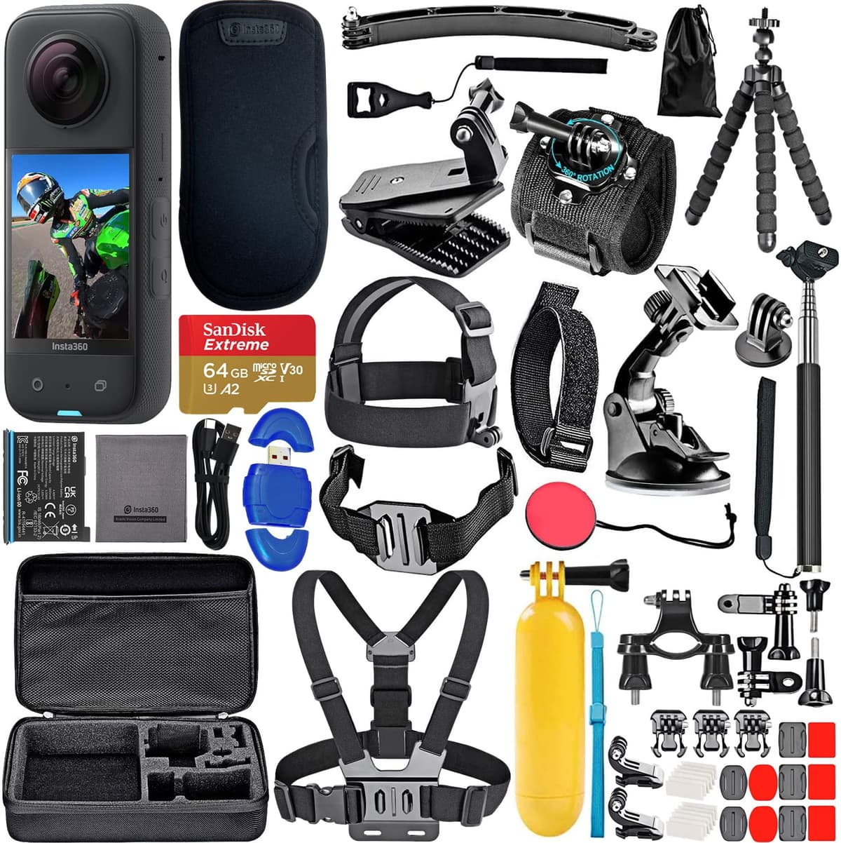 insta360 X3 Cámara 360 Waterproof 5.7K HDR 72MP Bundle con 64GB y Kit 50 Piezas CINSAAQ/B