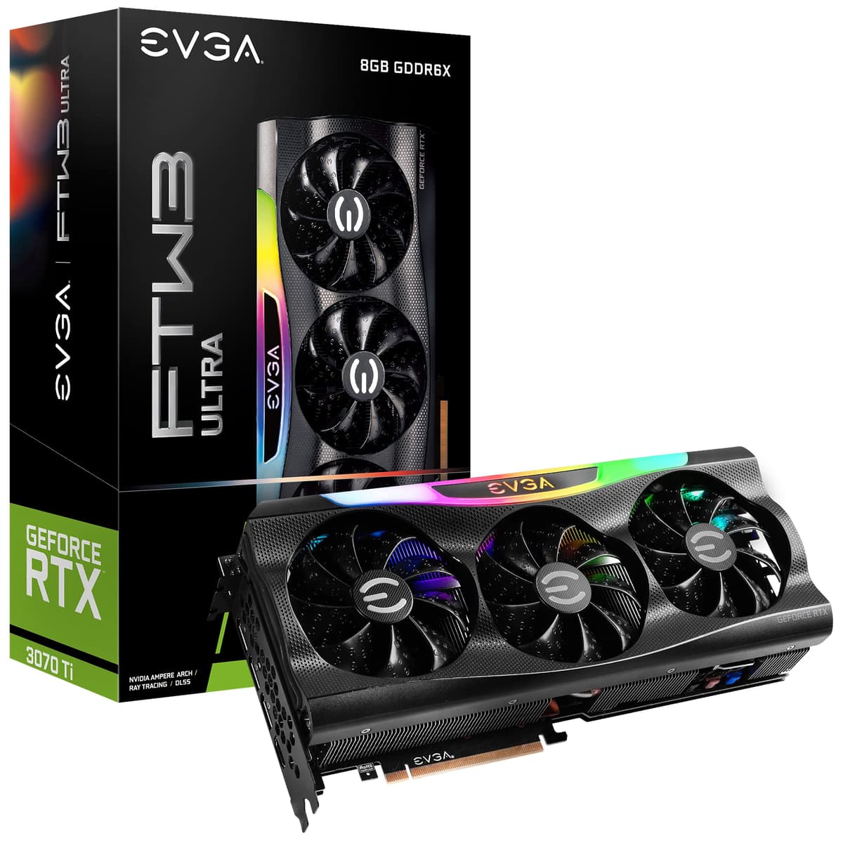 EVGA GeForce RTX 3070 Ti FTW3 Ultra Gaming, 8GB GDDR6X, 19000MHz Memoria, 1860MHz GPU, 3 Ventiladores, LED ARGB, Placa Trasera Metálica, PCIe 4.0, DisplayPort, Compatible con Desktop 08G-P5-3797-KL-cr