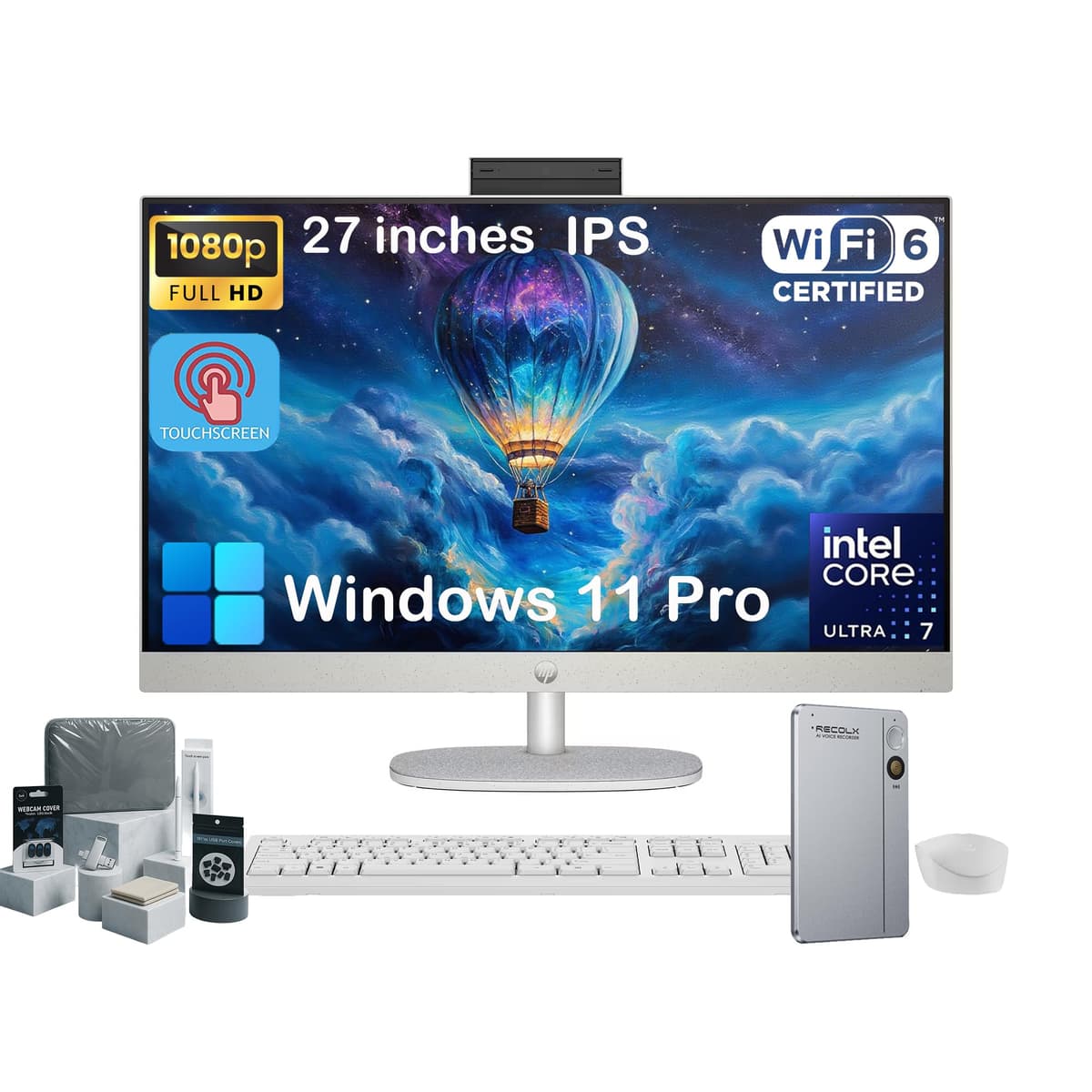 HP computadora de escritorio todo en uno táctil 27" - 32 GB DDR5 RAM, 1 TB SSD, Intel Ultra 7 155U de 12 núcleos, pantalla táctil FHD IPS, ángulo ajustable, teclado y mouse inalámbricos, Windows 11 Pro, grabadora de voz RECOLX AI HP 27" Touch All-in-One Desktop