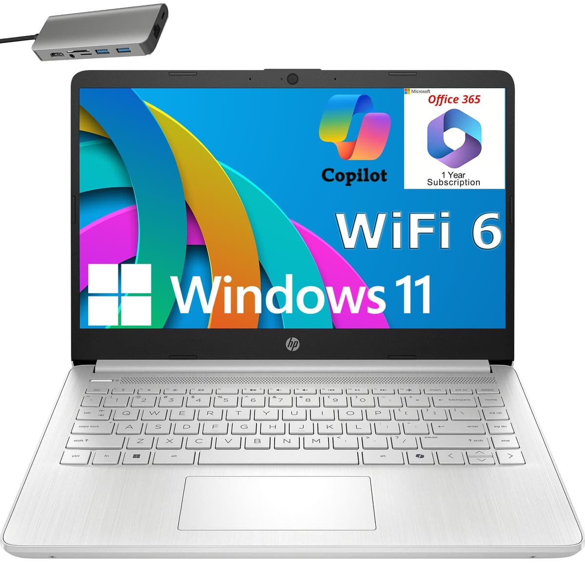 HP 14" Portátil, 1 Año Office 365 y AI-Copilot, Procesador Intel N150 (hasta 3.6 GHz), 16 GB RAM, 256 GB Almacenamiento (128 GB UFS + 128 GB Estación de Acoplamiento), Larga Duración de Batería, WiFi 6, Windows 11 S, Plateado HP Laptop 14