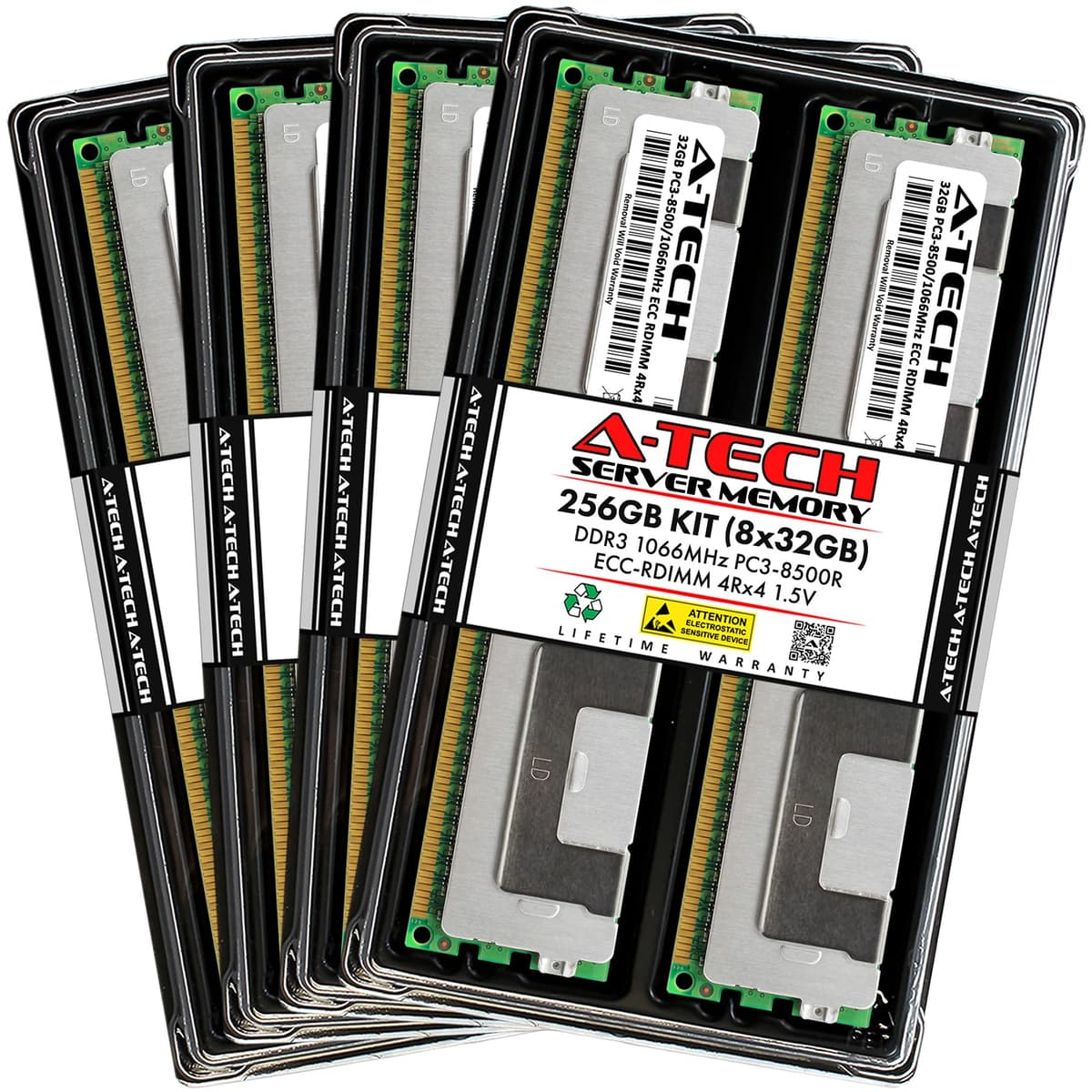 Kit A-Tech 256GB (8x32GB) DDR3 1066MHz PC3-8500R ECC RDIMM 4Rx4 Quad Rank 1.5V Módulos de actualización de memoria RAM Registered DIMM de 240 pines para servidor (A-Tech Enterprise Series) AT32G8D3D1066RQ4N15V