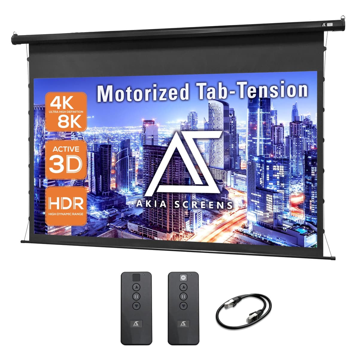 Akia Screens Pantalla de Proyector Motorizada 105" Tensionada 16:9 Retráctil para Interior, Compatible con UST/Short/Standard, 4K Home Theater, AK-ELT105H