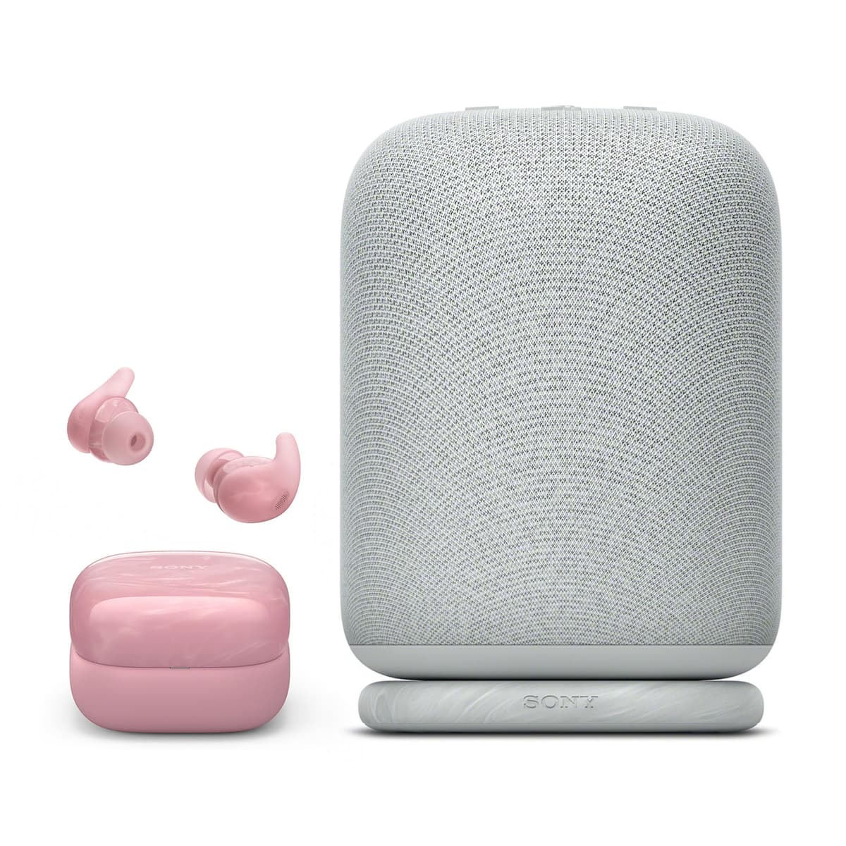 Sony LinkBuds Bundle: Auriculares Truly Wireless con cancelación de ruido en rosa y parlante Bluetooth portátil en gris claro