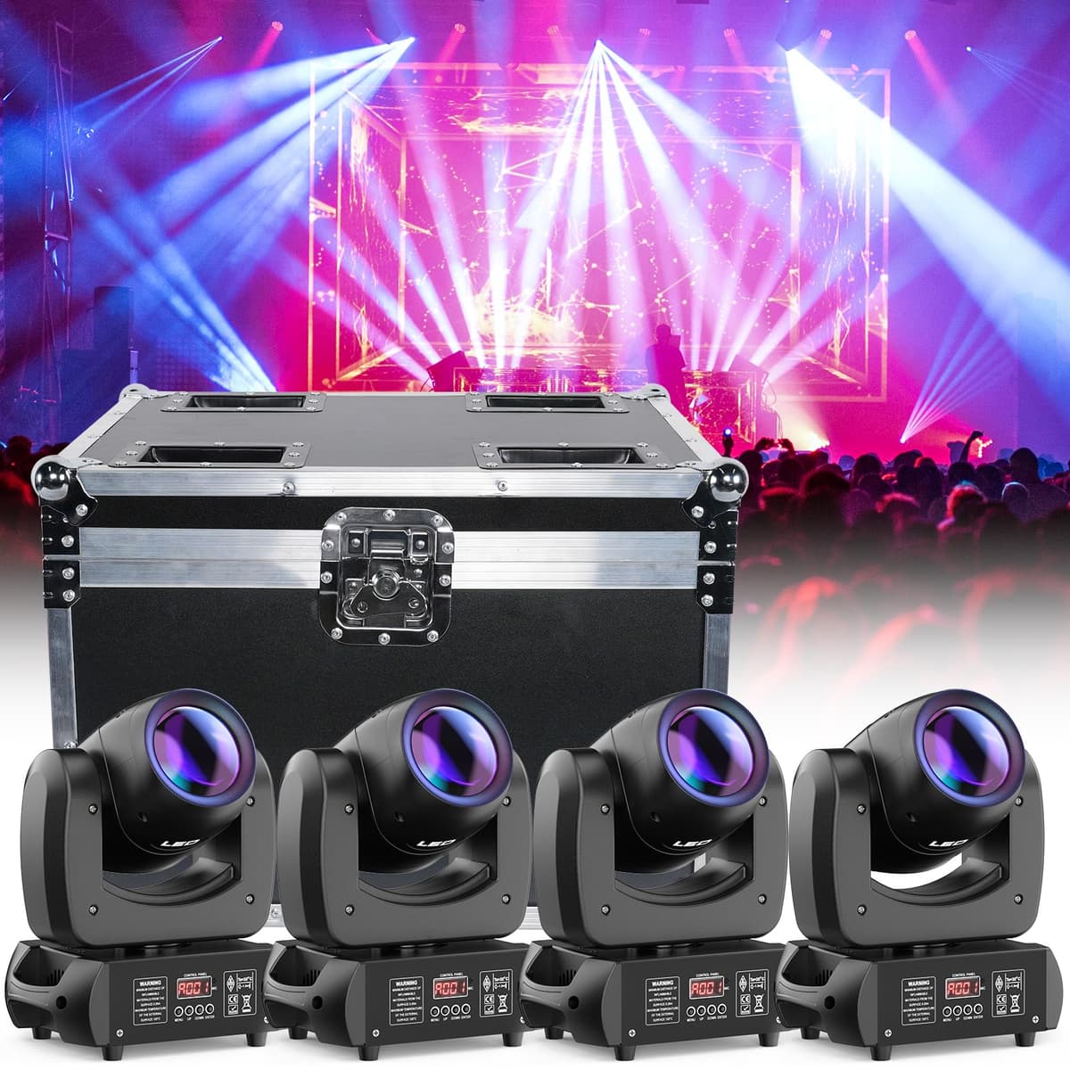 Glowingstage Moving Head 120W [Pack de 4] con flight case, prisma de 18 facetas, 7 gobos, 8 colores, DMX-512 12CH, activación por sonido ZQ02021US