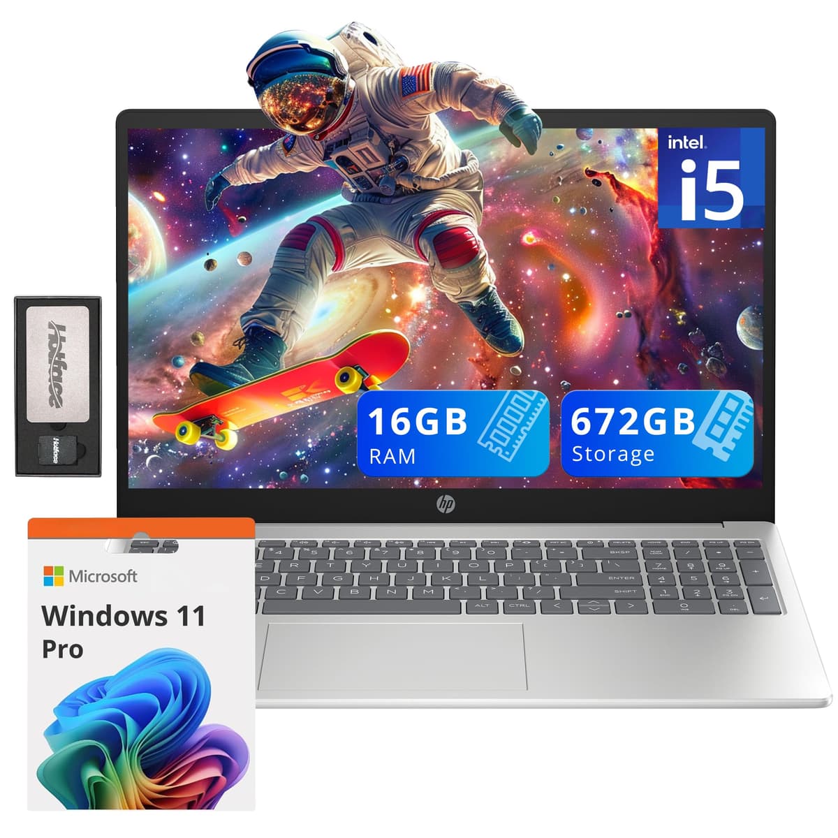 HP Pavilion 15.6" FHD IPS Antirreflejo, Intel i5-1235U, 16GB RAM, 672GB Almacenamiento (512GB SSD + 160GB Set Estación de Acoplamiento), Gráficos Iris Xe, Teclado Numérico, Webcam HD, Wi-Fi 6, Windows 11 Pro, Plateado