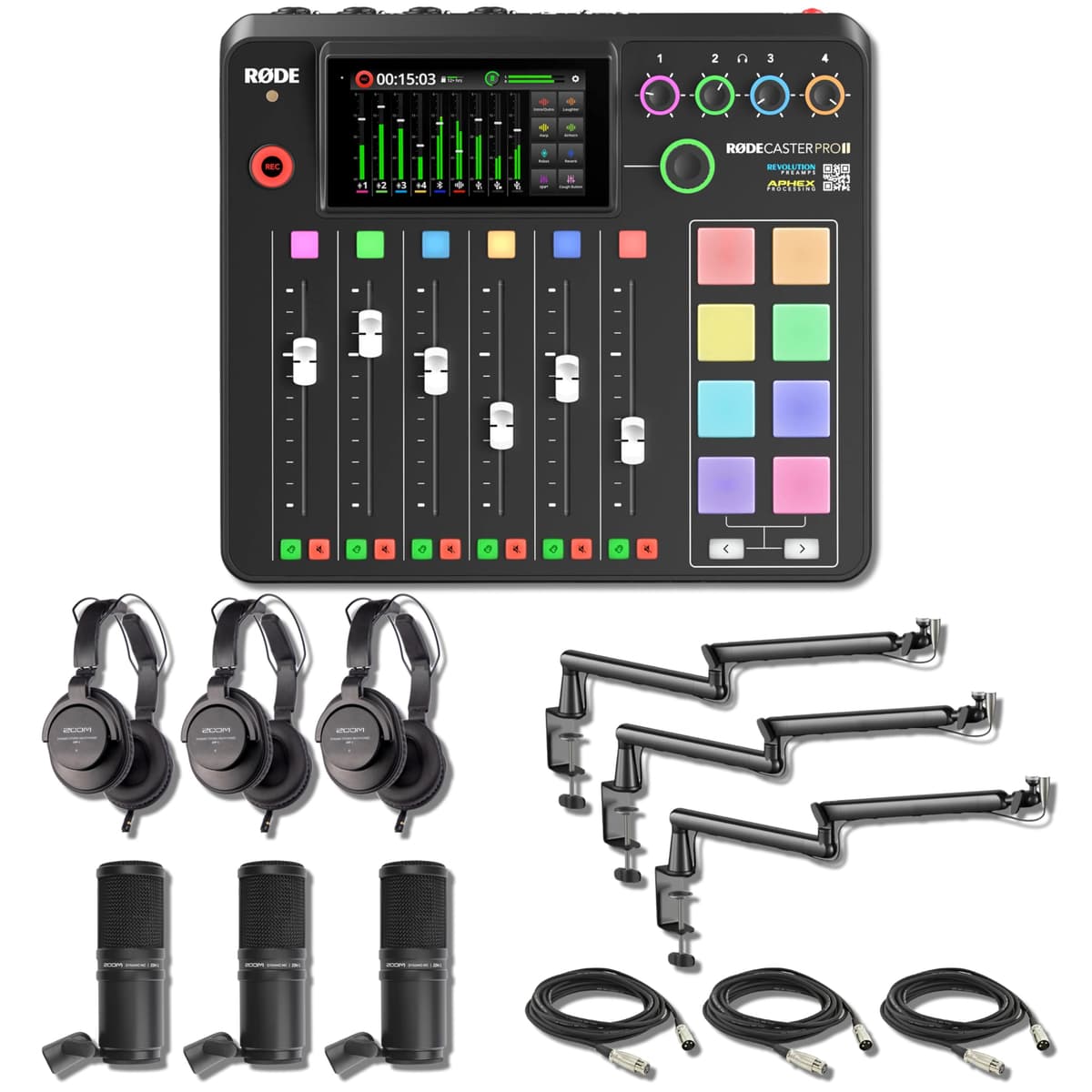 Rode RODECaster Pro II - Consola de producción con 3x Zoom ZDM-1 y 3x brasos StreamEye LowPro Rodecaster Pro 2