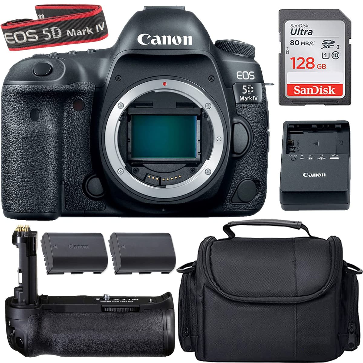 Canon EOS 5D Mark IV (Cuerpo) + Accesorios: batería extra, grip, 128GB y estuche