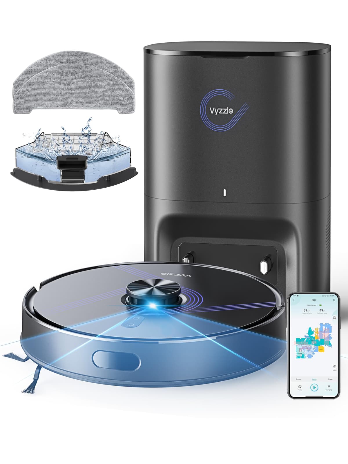 Vyzzle E20 Robot Vacuum y Mop 60 días auto-vaciado, 5500Pa, LiDAR, zonificado, WiFi/App/Control por voz