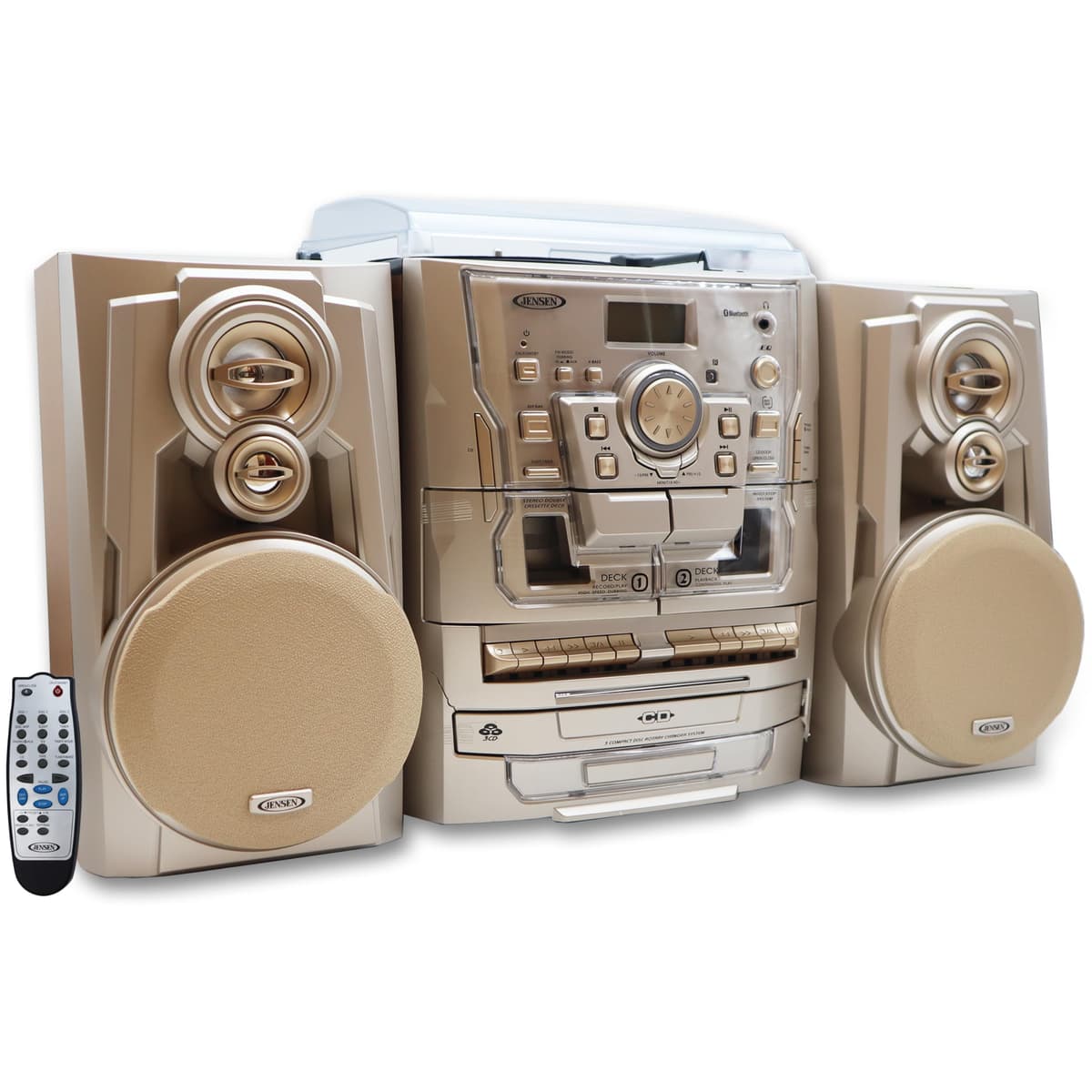 Jensen 3-Speed Turntable con CD Changer 3x, Doble Cassette y Bluetooth 3.0, Sistema Estéreo con Control Remoto (Dorado) 1250 Gold