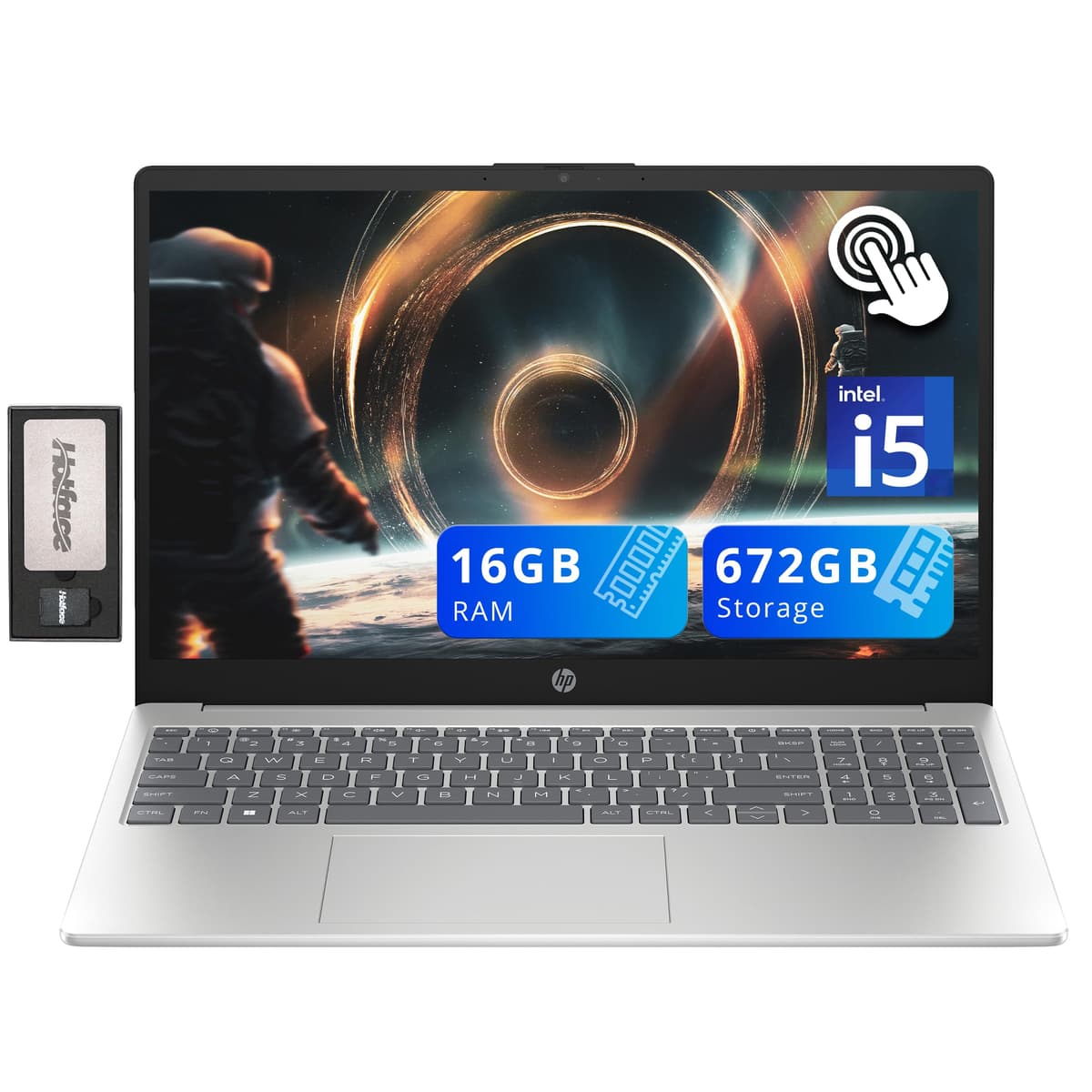 HP Pavilion 15.6" con pantalla táctil, Intel i5-1235U, 16GB RAM, 672GB de almacenamiento (512GB SSD + 160GB set de estación de acoplamiento), gráficos Intel Iris Xe, teclado tamaño completo, cámara web, Wi-Fi 6E, Windows 11, plateado