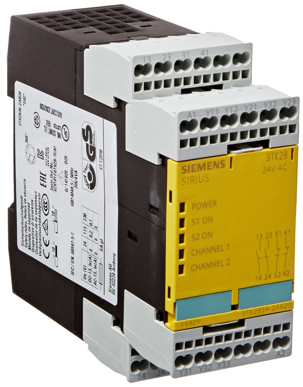 Siemens 3TK28 34-2AB20 Unidad de control para pulsadores dos manos, 24VAC, 2 NO, terminales resorte