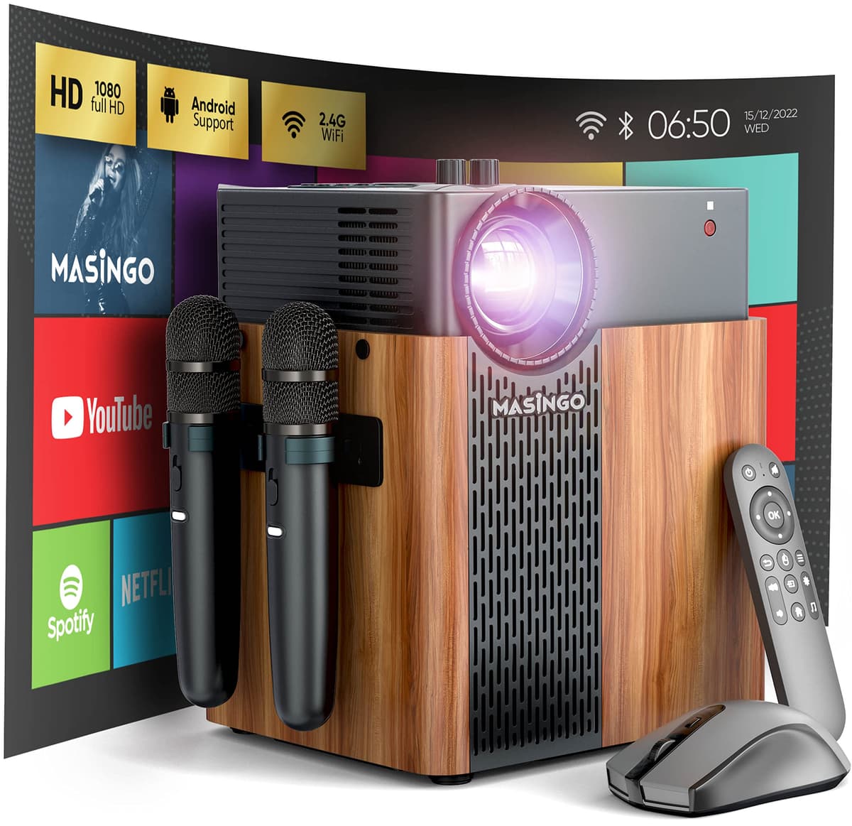 MASINGO Karaoke portátil 4 en 1 con proyector 1080p, WiFi, parlante y 2 micrófonos inalámbricos (Illuminato Q4)