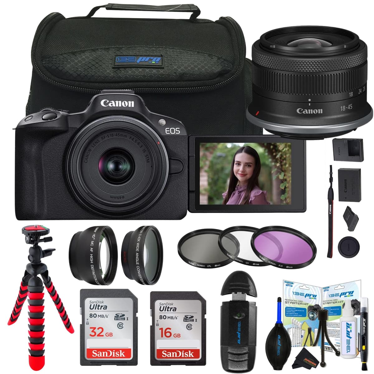 Cámara sin espejo Canon EOS R50 para vlogging (negra) con objetivo RF-S 18-45 mm f/4.5-6.3 IS STM (renovada) (Cámara con objetivo RF-S 18-45 mm + paquete Sunshine Advanced) 5811C012
