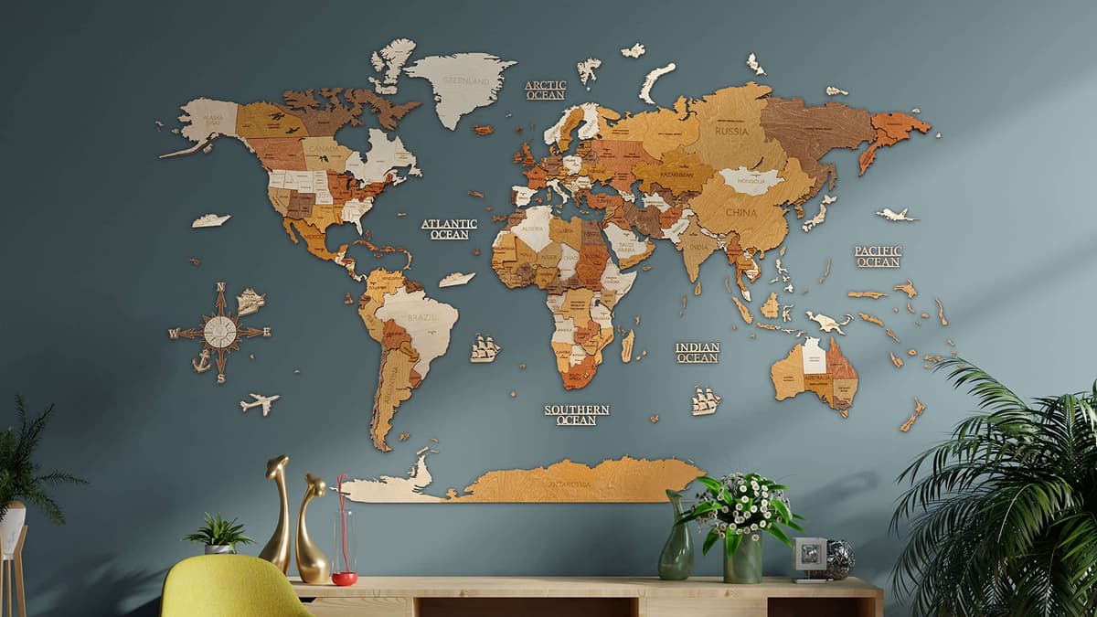 Mapa mundial 3D de madera 68travel - Multicapas multicolor, XL Adventurer 200x115cm