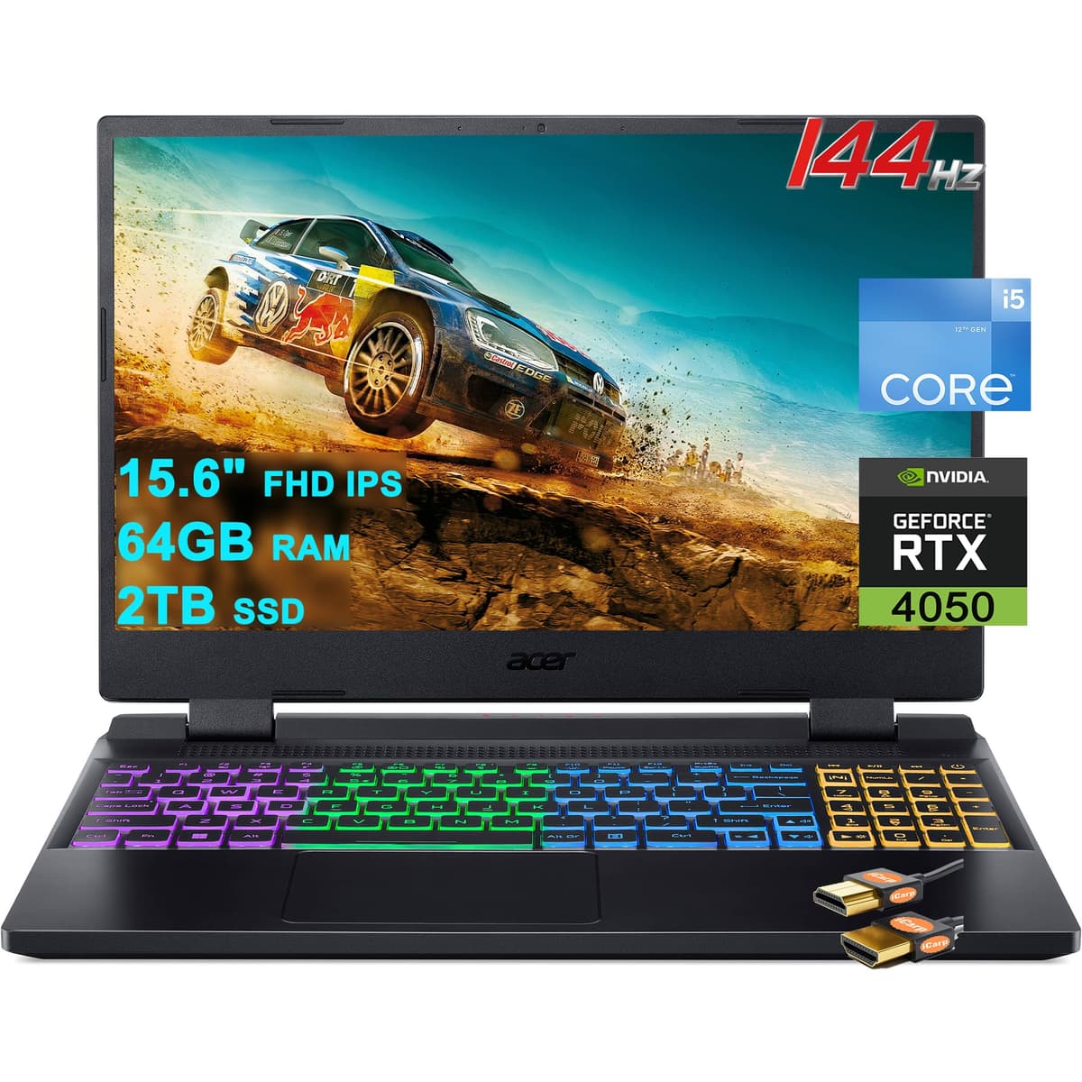 acer Nitro 5 Gaming Laptop 15.6" FHD IPS 144Hz Intel 12-core i5-12500H 64GB RAM 2TB SSD GeForce RTX 4050 6GB RGB Win11 + HDMI Cable 840262767149