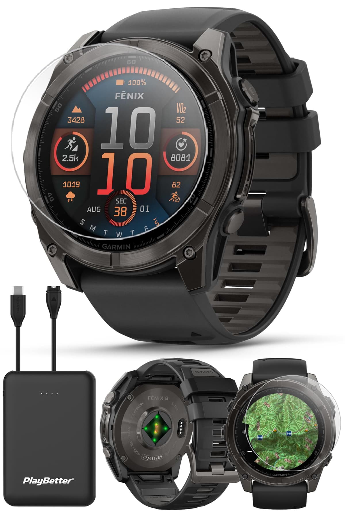 PlayBetter Garmin Fenix 8 AMOLED Sapphire (51mm, Carbon Gray DLC Titanium) Multisport GPS Smartwatch Bundle - 1.4” Touchscreen, Linterna LED, Cargador y Protectores 010-02903-20 (Watch) | Z05 (Charger)