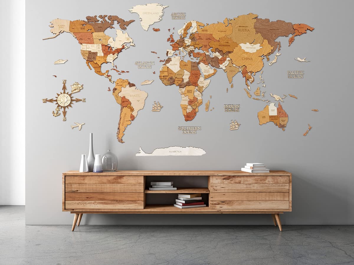 Mapa mundial 3D de madera 68travel, multilayer multicolor grabado - MEGA Adventurer 118x67in (300x170cm) 68travelworldmap
