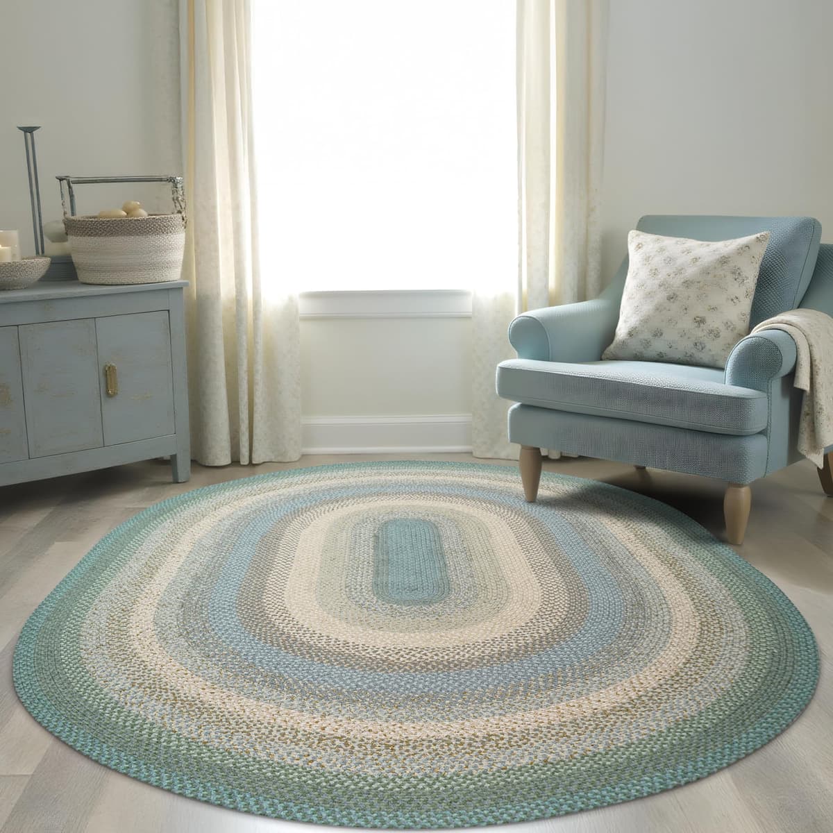 Homespice Baja Blue Oval Area Rug 5x8' - Alfombra de algodón impreso, reversible y fácil de limpiar A404282