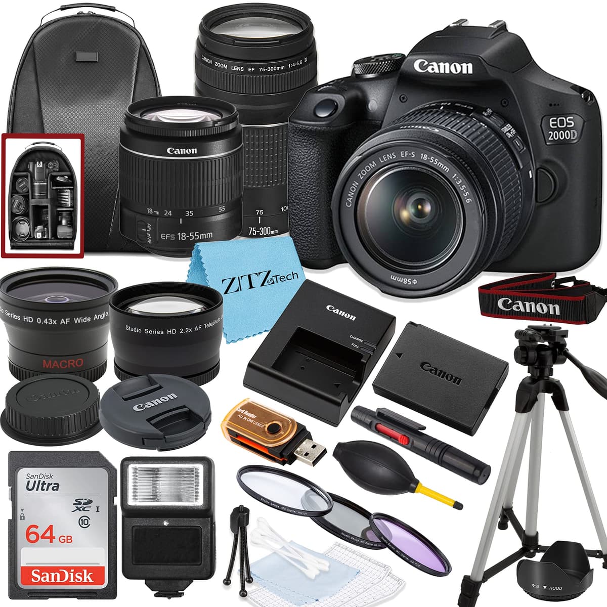 Cámara Canon EOS 2000D / Rebel T7 DSLR con EF-S 18-55 mm + EF 75-300 mm Lente Doble + Tarjeta de Memoria SanDisk 64GB + Trípode + Estuche + Lentes Gran Angular + Kit de Accesorios ZeeTech (21 piezas) (Reacondicionado) MDCN2000DDC-cr