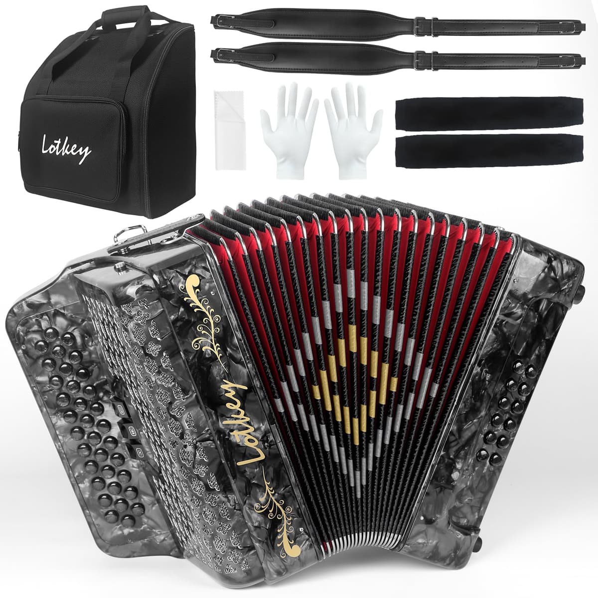 Acordeón diatónico Lotkey 34 teclas 12 bajos con funda y accesorios (FBE Grey) MI84ACCORDION