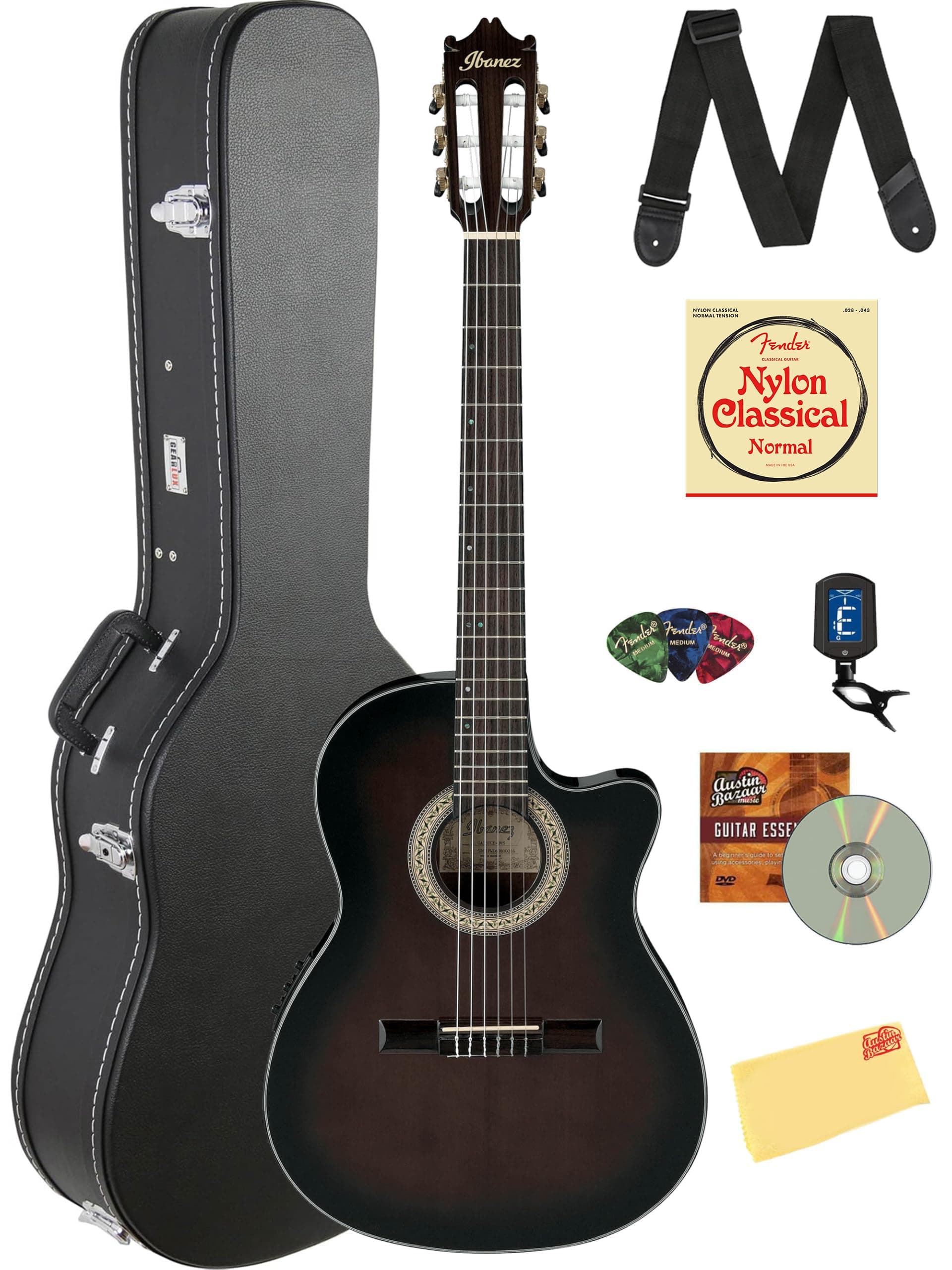 Ibanez GA35TCE Guitarra clásica electroacústica Dark Violin Sunburst High Gloss, paquete con estuche AUS-GA35TCEDVS-COMBO-DLX