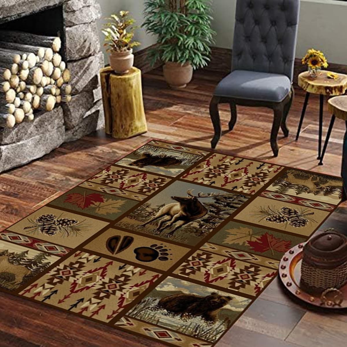 Mothy Alfombra negra con motivo de oso 9x12ft estilo lodge