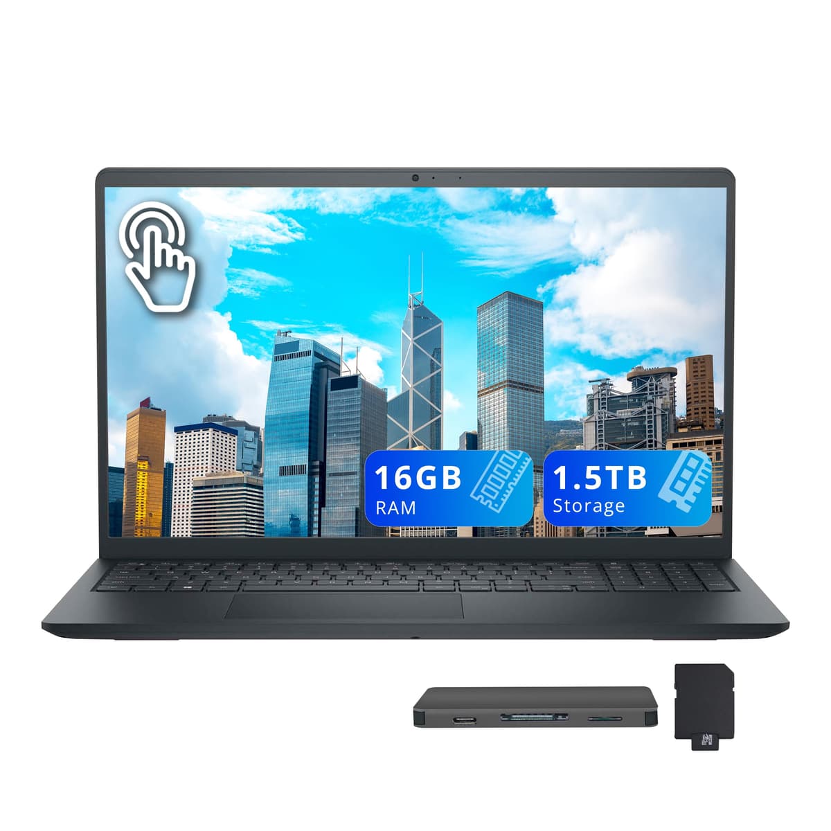 Laptop Dell 15.6" FHD táctil, Intel Core i5-1334U, 16GB RAM, 1.5TB almacenamiento (512GB SSD + estación docking 1TB), Intel UHD Graphics, teclado numérico, cámara HD, Copilot, Wi-Fi 6, Windows 11, negro