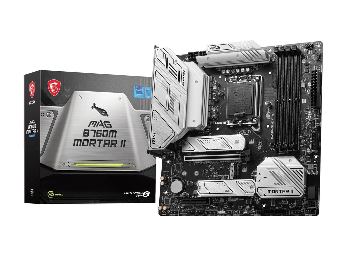 Placa base MSI (modelo limitado de Amazon) MAG B760M MORTAR II 14./13.ª generación [Intel B760 instalado] mATX, PC casera blanca 2024, circuito de alimentación potente 12+1+1 CPU Intel (LGA1700) MB6470